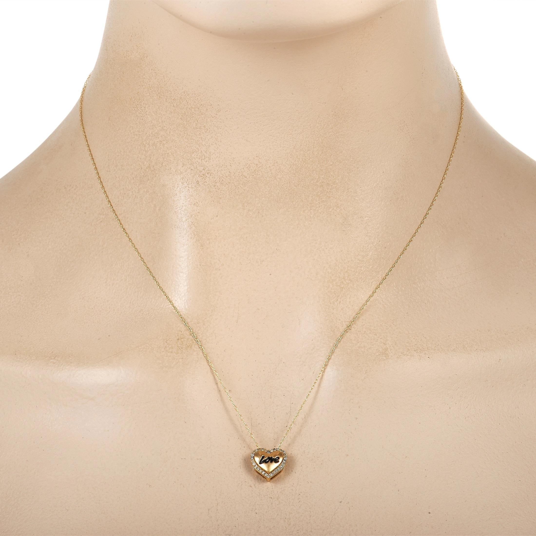 Put your love boldly on display with this alluring necklace. Crafted from 14K Yellow Gold, the heart shaped pendant pairs the word “love” in a stylish script with diamonds totaling 0.10 carats. It measures 0.45” round and is suspended on a delicate