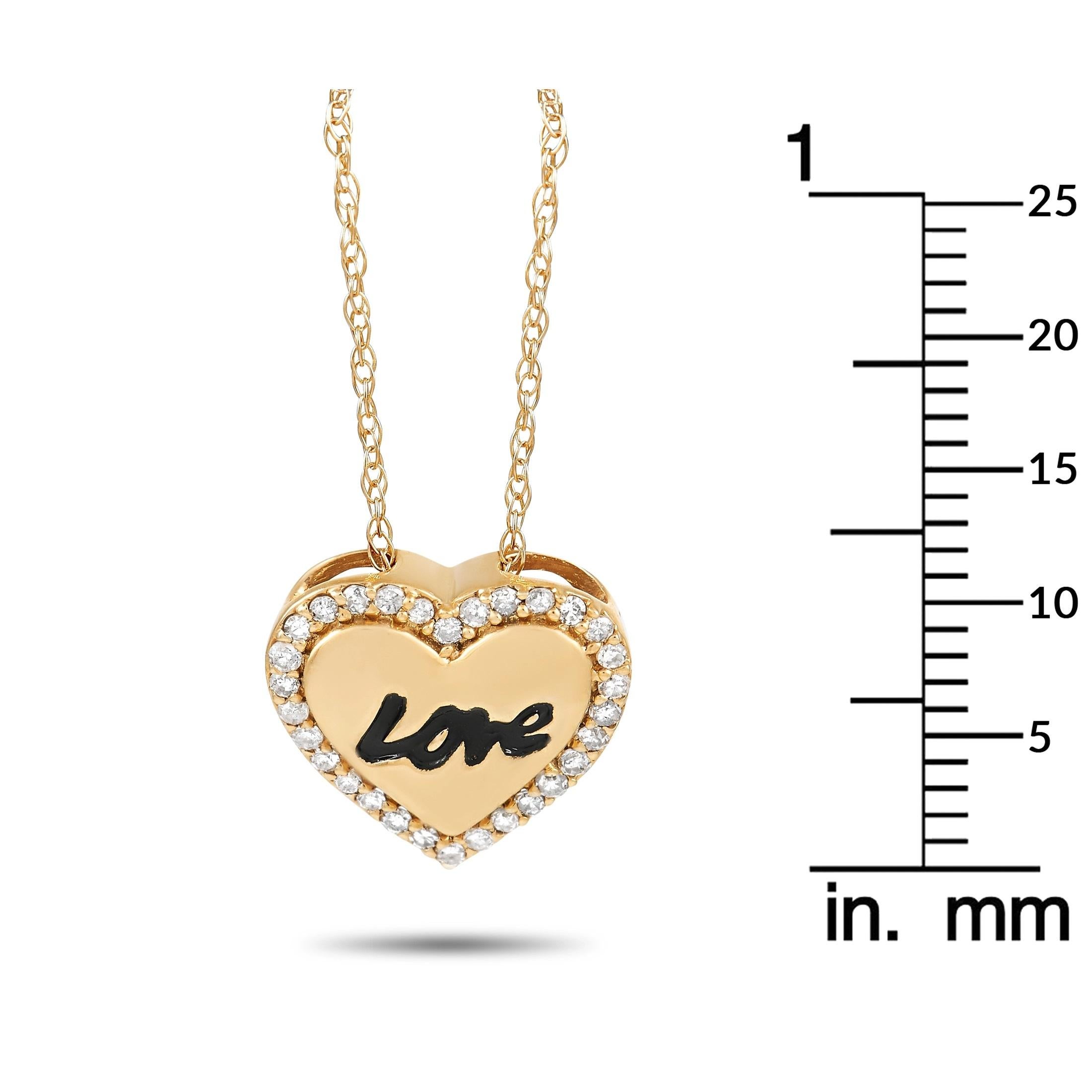Round Cut LB Exclusive 14K Yellow Gold 0.10 Ct Diamond Love Heart Pendant Necklace For Sale