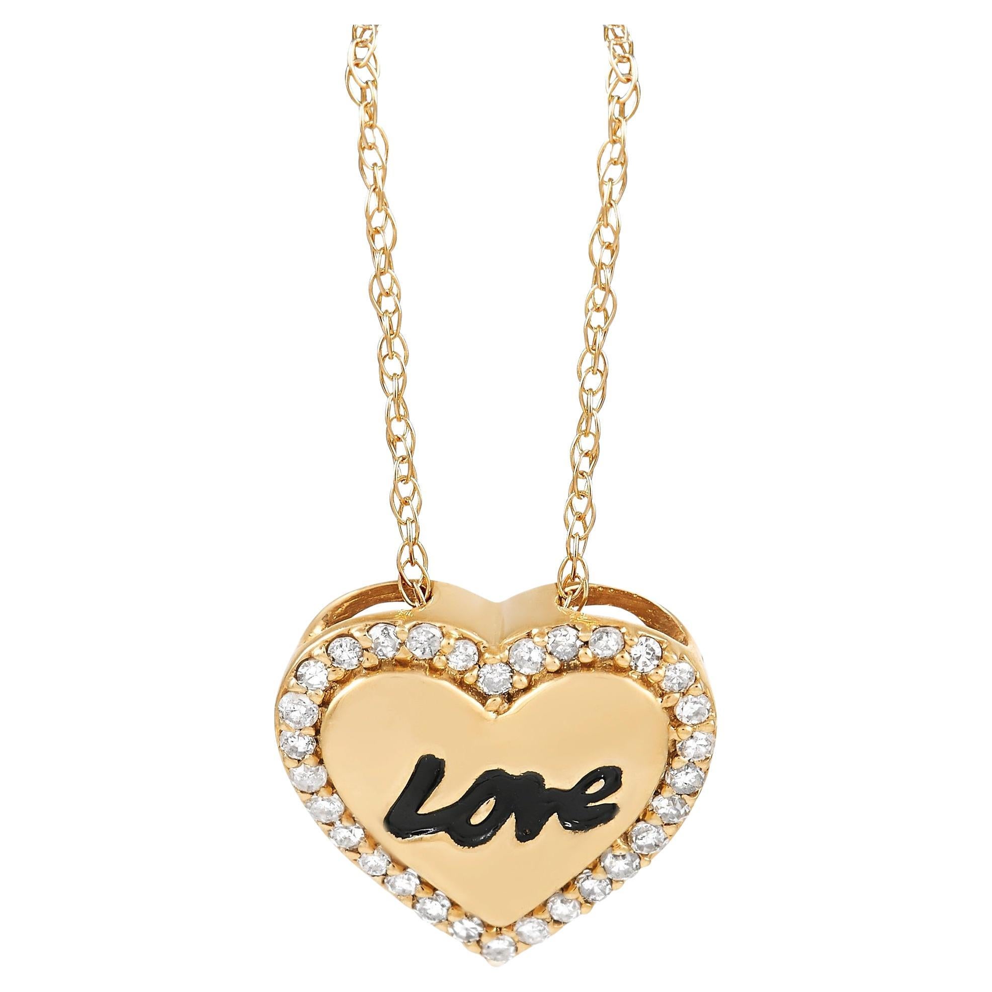 LB Exclusive 14K Yellow Gold 0.10 Ct Diamond Love Heart Pendant Necklace For Sale