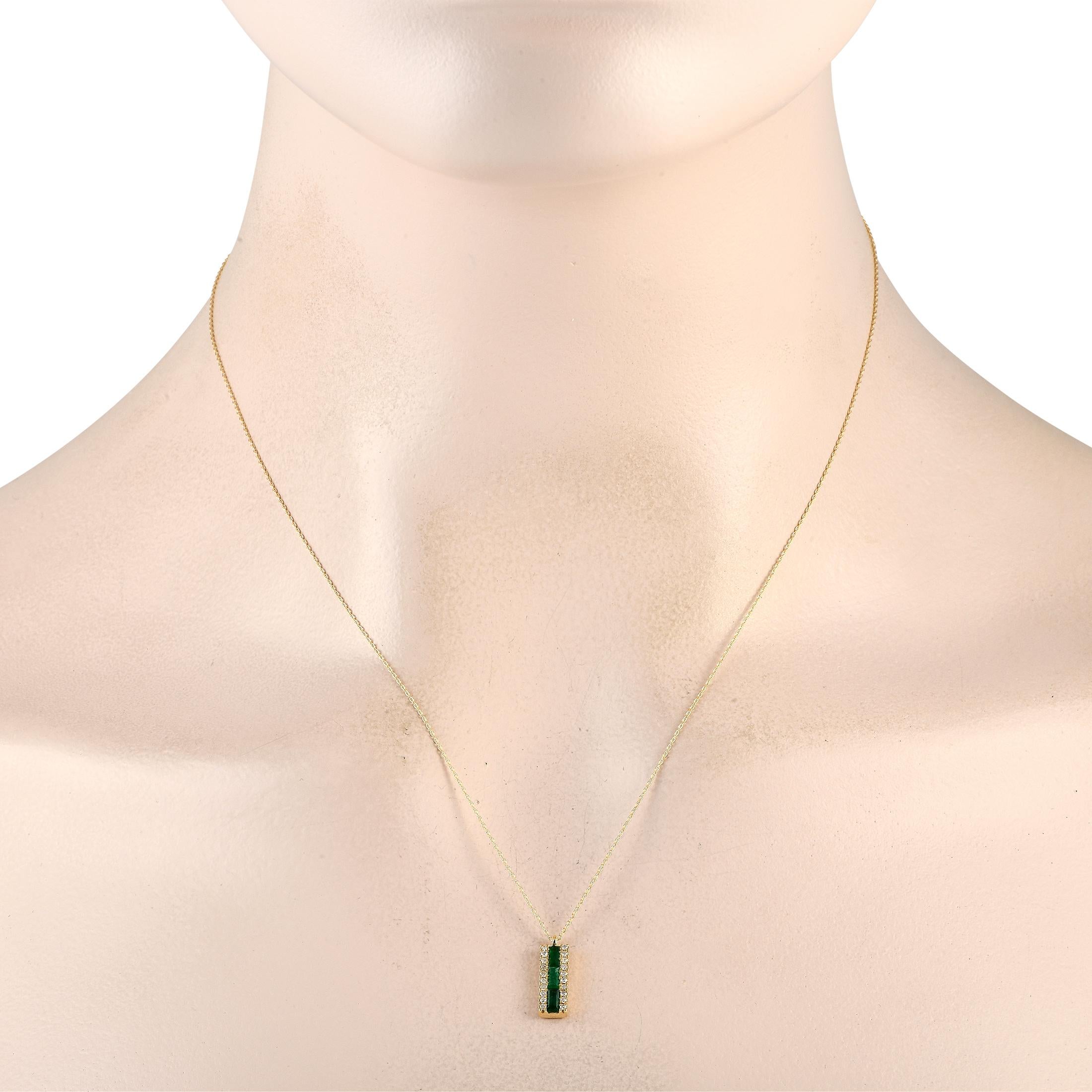 This timeless necklace will never go out of style. At the center of the 14K Yellow Gold pendant, youll find a series of Emerald gemstones flanked by round-cut Diamonds totaling 0.10 carats. The pendant measures .65 long by 0.20 wide and is suspended