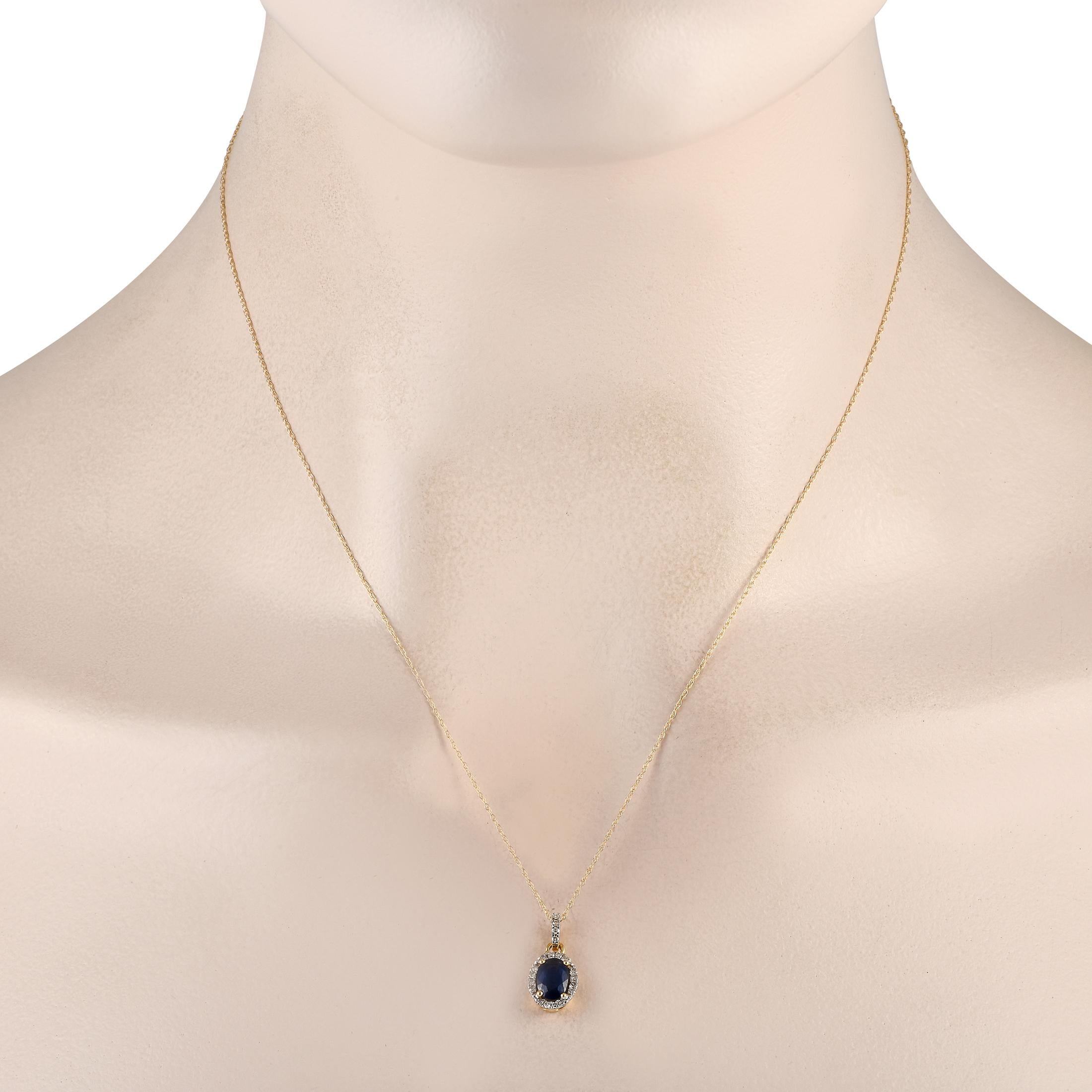 An oval-shaped Sapphire gemstone makes a statement at the center of this necklaces 14K Yellow Gold pendant. Suspended from an 18 chain, the pendant measures 0.65 long by 0.25 wide and comes to life thanks to additional Diamond accents totaling 0.10