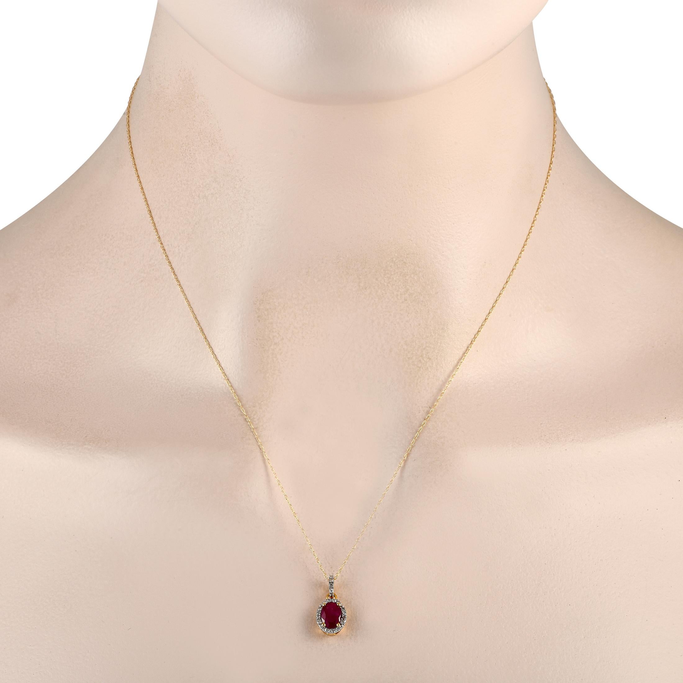 An oval Ruby center stone makes this necklace simply unforgettable. Simple and stylish, this pieces 14K Yellow Gold pendant measures 0.65 long by 0.25 wide. Its suspended from an 18 chain and includes sparkling Diamond accents totaling 0.10