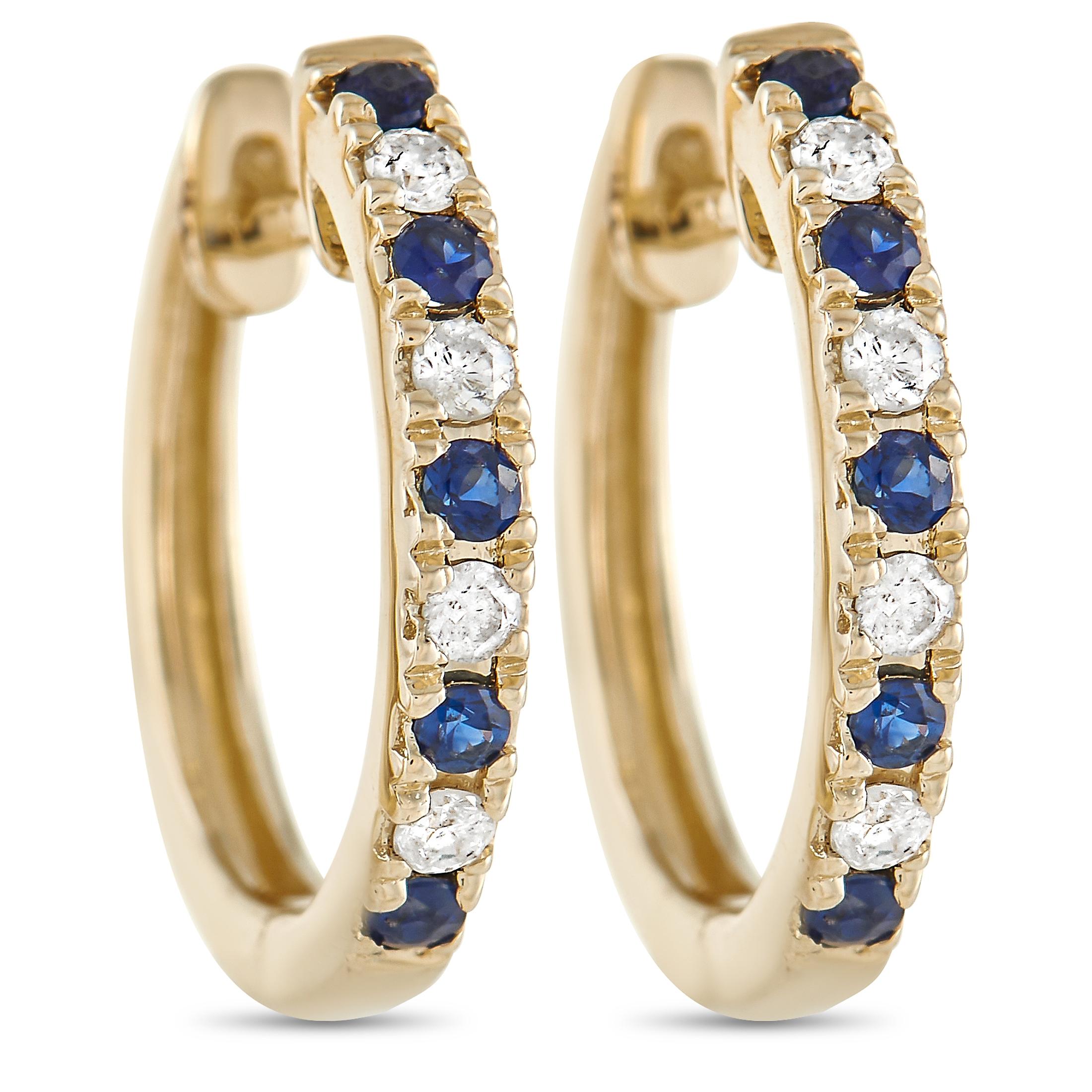 Mixed Cut LB Exclusive 14K Yellow Gold 0.11 Ct Diamond and Sapphire Hoop Earrings