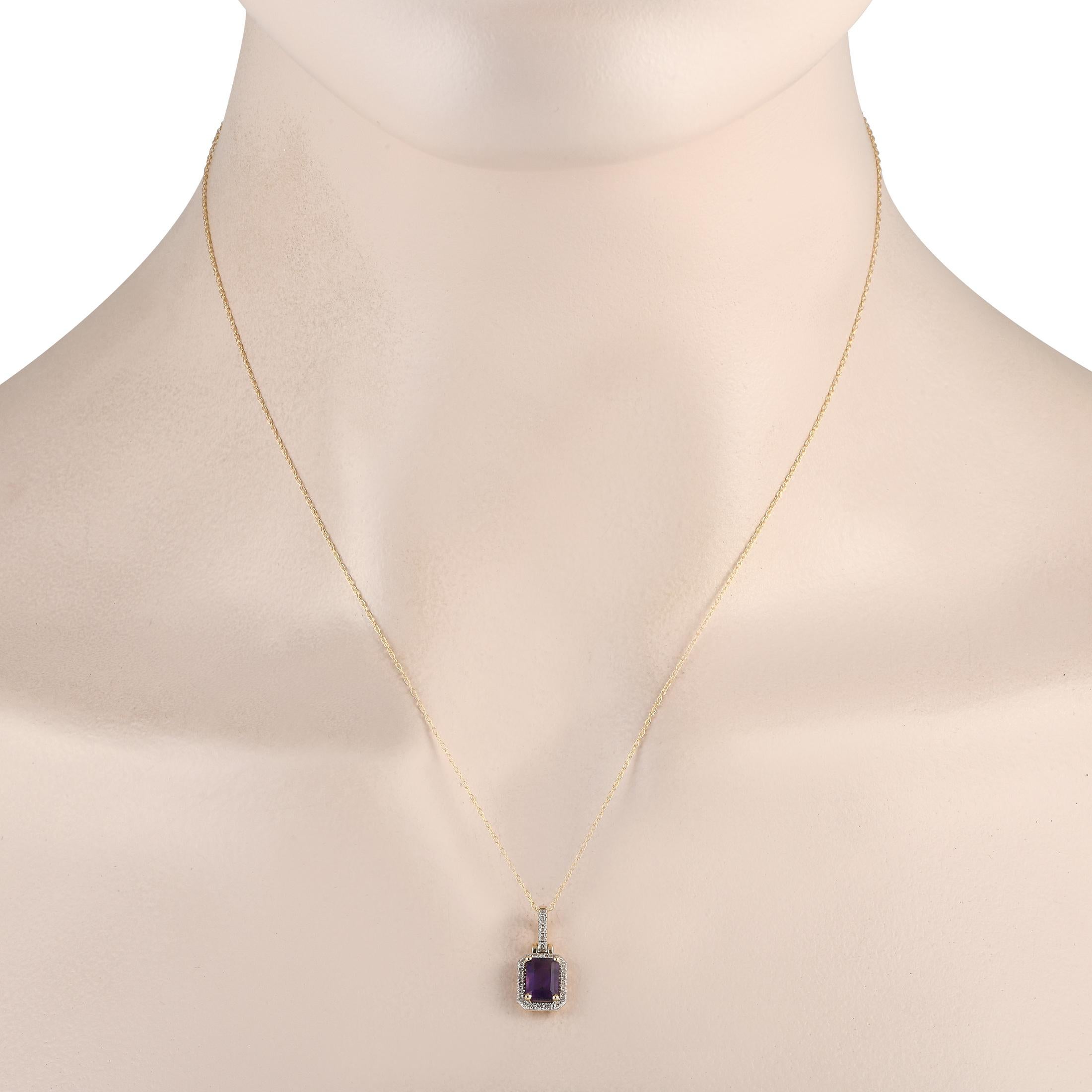 A breathtaking Amethyst gemstone serves as a stunning focal point on this exquisite necklace. Crafted from 14K Yellow Gold, it features a sophisticated pendant measuring .65 long by 0.30 wide. Its suspended from an 18 chain and includes an array of
