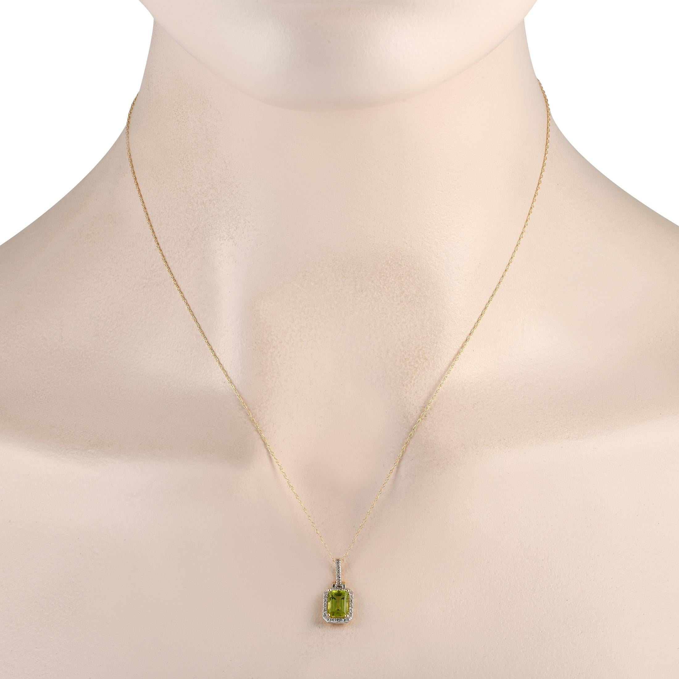 This elegant necklace is sure to impress. Suspended from an 18 chain, youll find an eye-catching 14K Yellow Gold pendant measuring 0.65 long by 0.30 wide. Its elevated by sparkling Diamond accents totaling 0.12 carats and a breathtaking Peridot