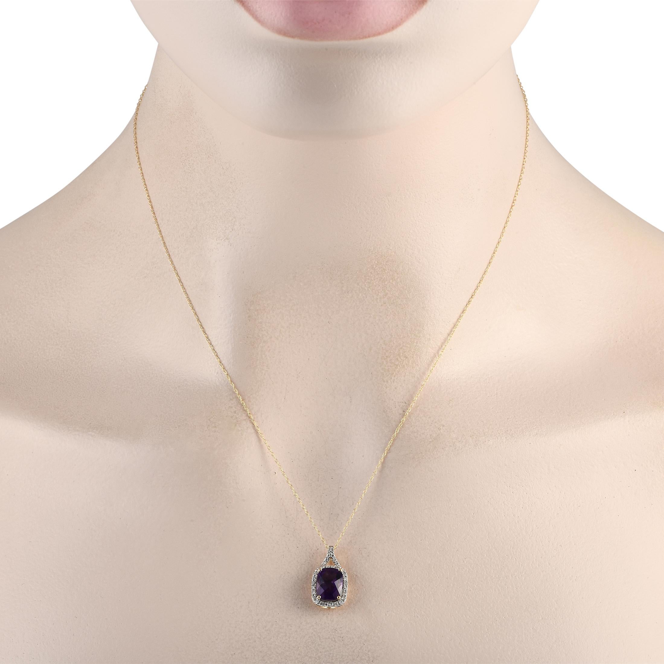 This 14K yellow gold necklace is simple, elegant, and understated. Along with a breathtaking amethyst gemstone, it comes complete with sparkling diamond accents totaling 0.13 carats. This pieces pendant measures 0.75 long by 0.45 wide and is