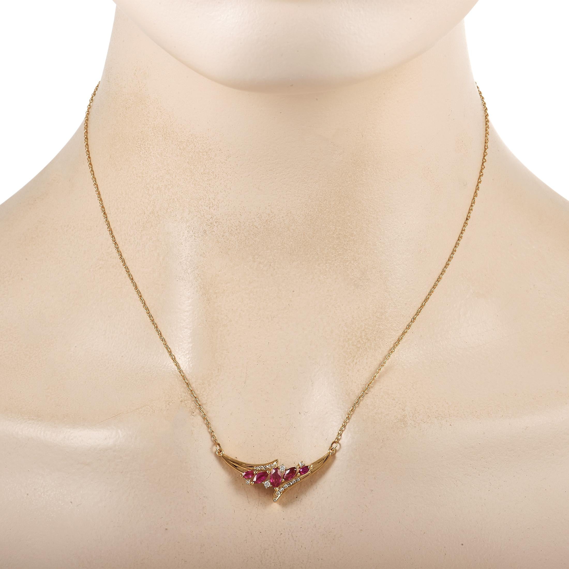 This elegant LB Exclusive necklace is made with 14K yellow gold and features a chain measuring 16 inches in length. The matching 14K yellow gold pendant is set with five beautiful rubies. The rubies are accented with a number of round diamonds