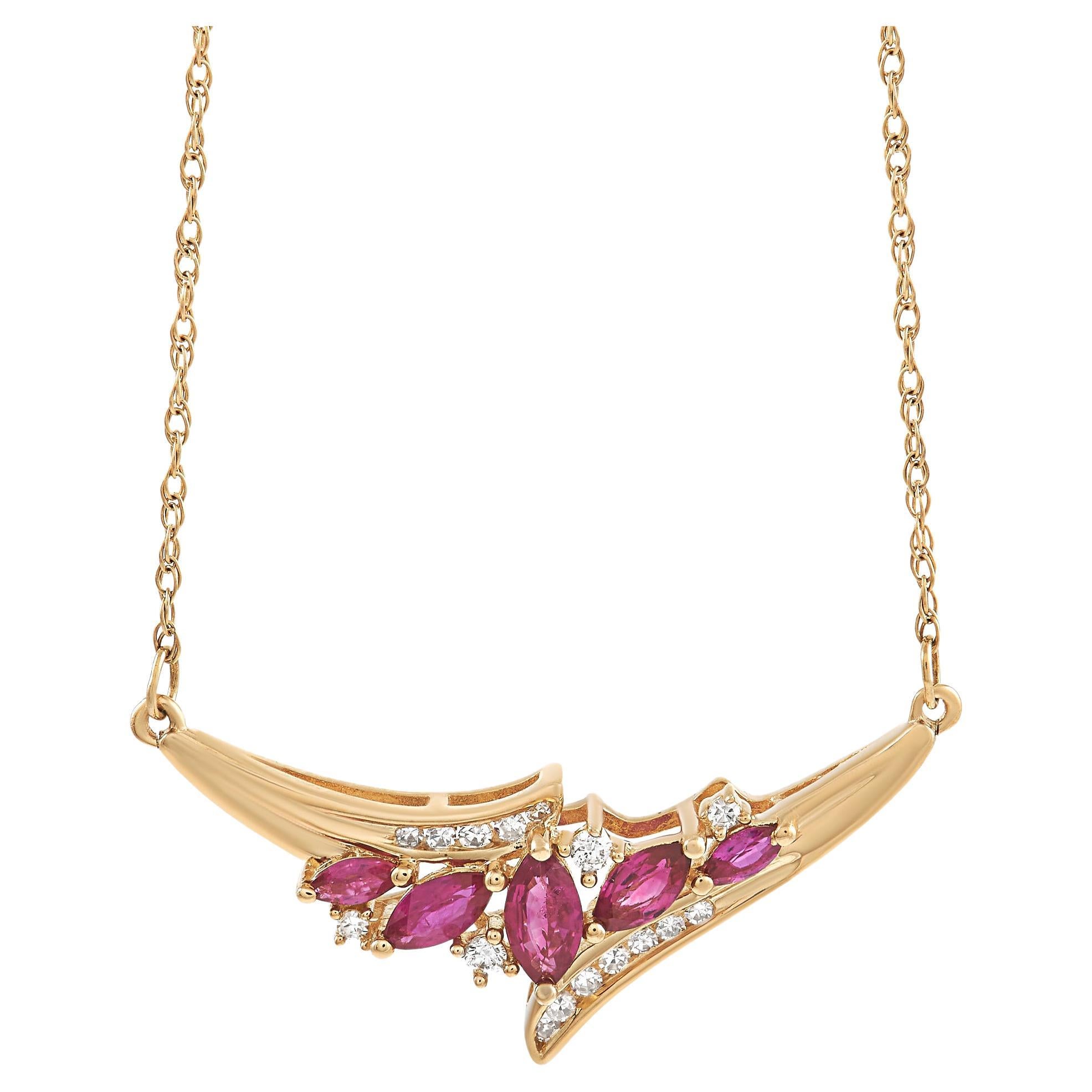 LB Exclusive 14K Yellow Gold 0.14 Ct Diamond and Ruby Necklace For Sale