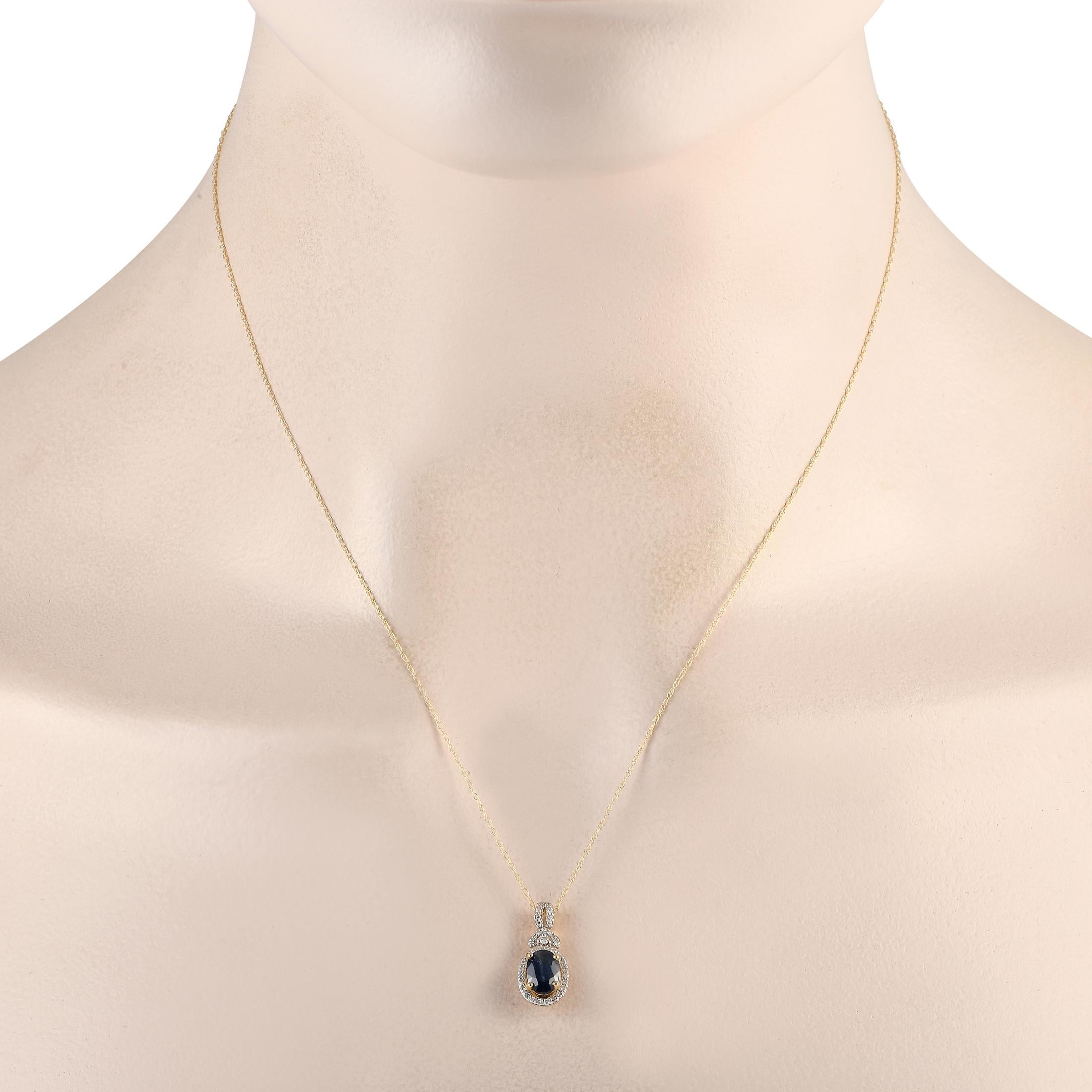 An excellent choice for special occasions that require something more sophisticated. This LB Exclusive necklace has a 14K yellow gold chain and a 0.75 by 0.35 pendant. The stylized bail is decorated with diamonds, matching the oval frame that