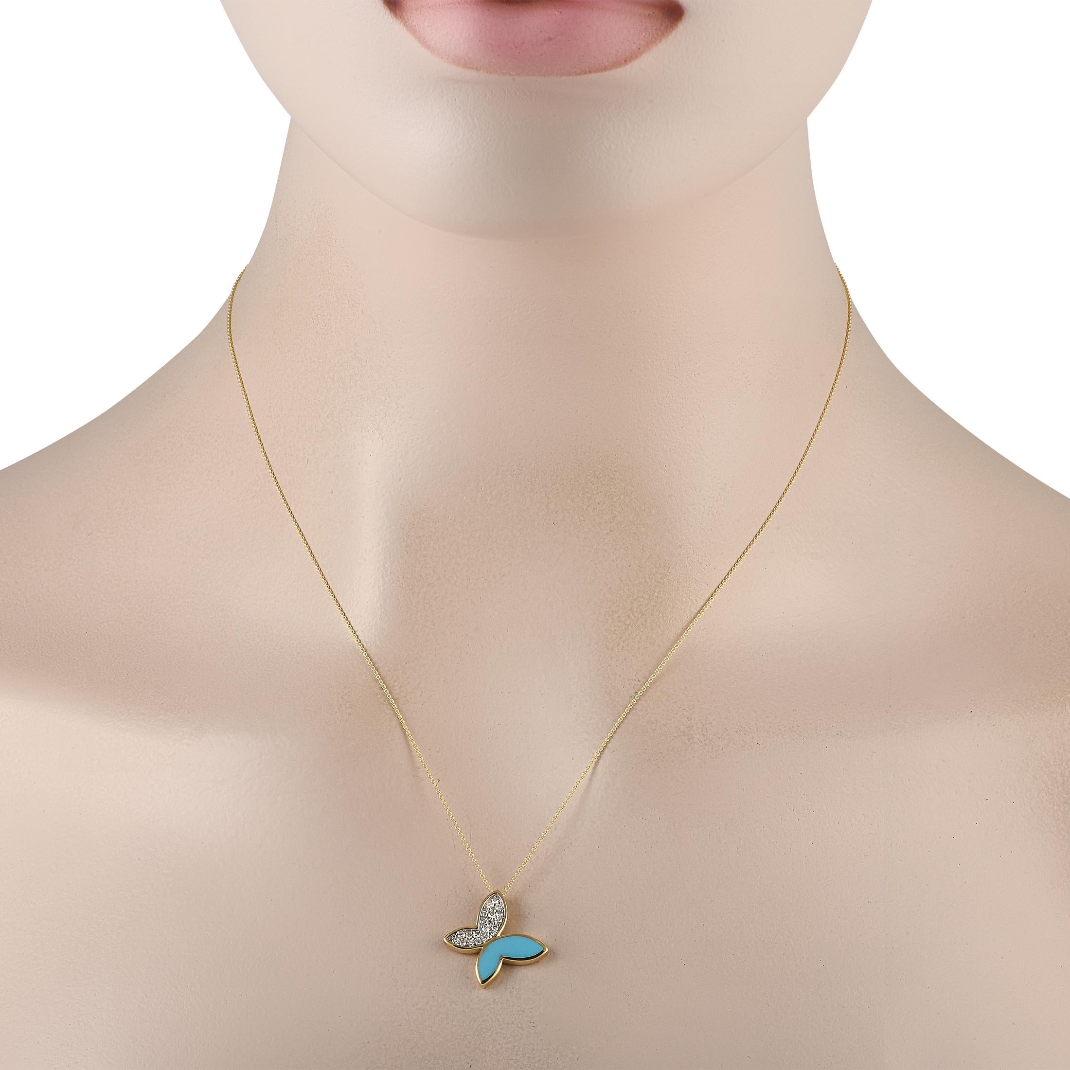 A stunning butterfly pendant measuring 0.75 round comes to life thanks to a blue inlaid accent and inset diamonds totaling 0.15 carats. This exquisite accessory is crafted from opulent 14K yellow gold and features an 18 chain.This jewelry piece is
