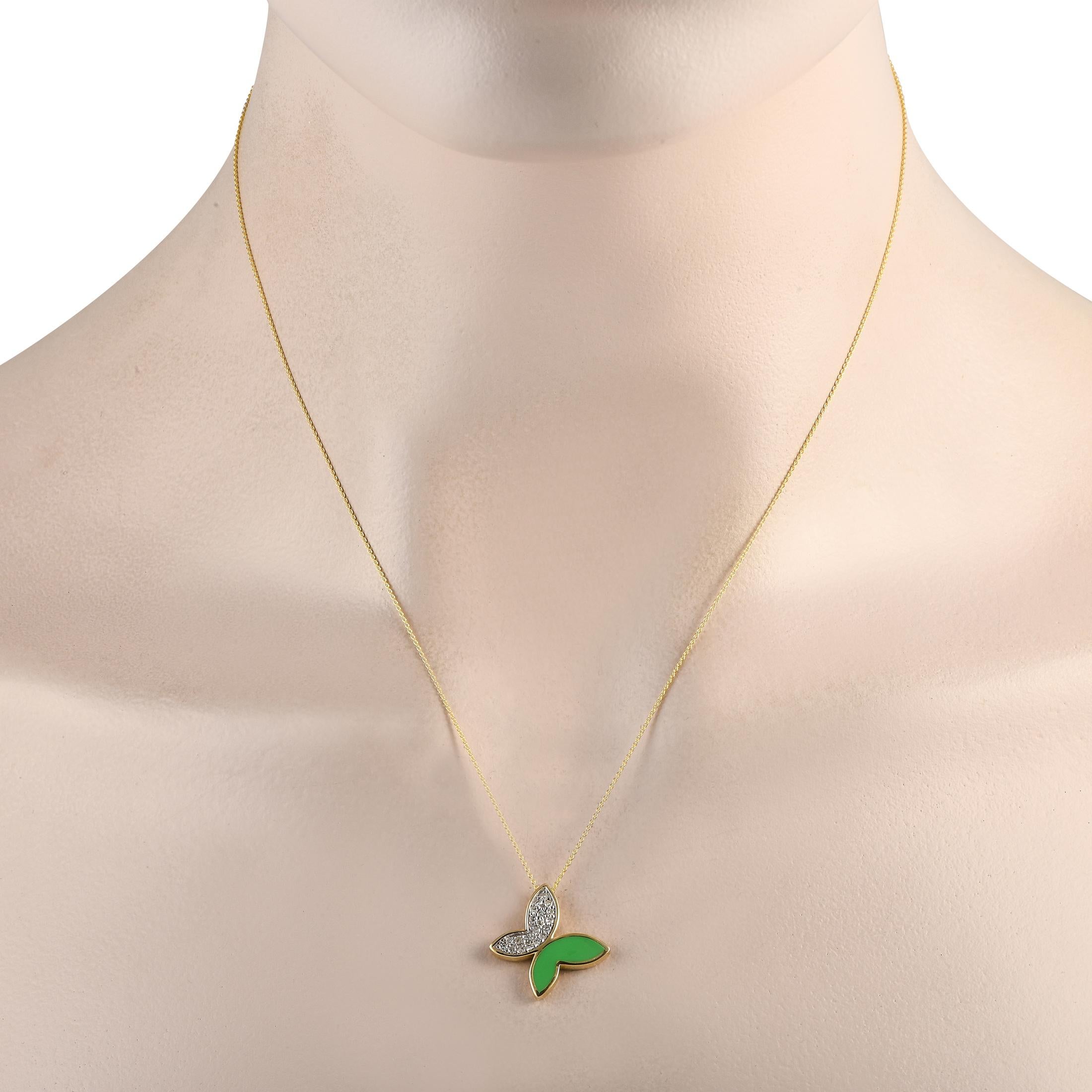 Inset Diamonds totaling 0.15 carats and a brilliant green inlaid accent make this 14K Yellow Gold necklace impossible to ignore. Charming and elegant, the butterfly shaped pendant measures 0.75 round and is suspended from a delicate 18 chain.This