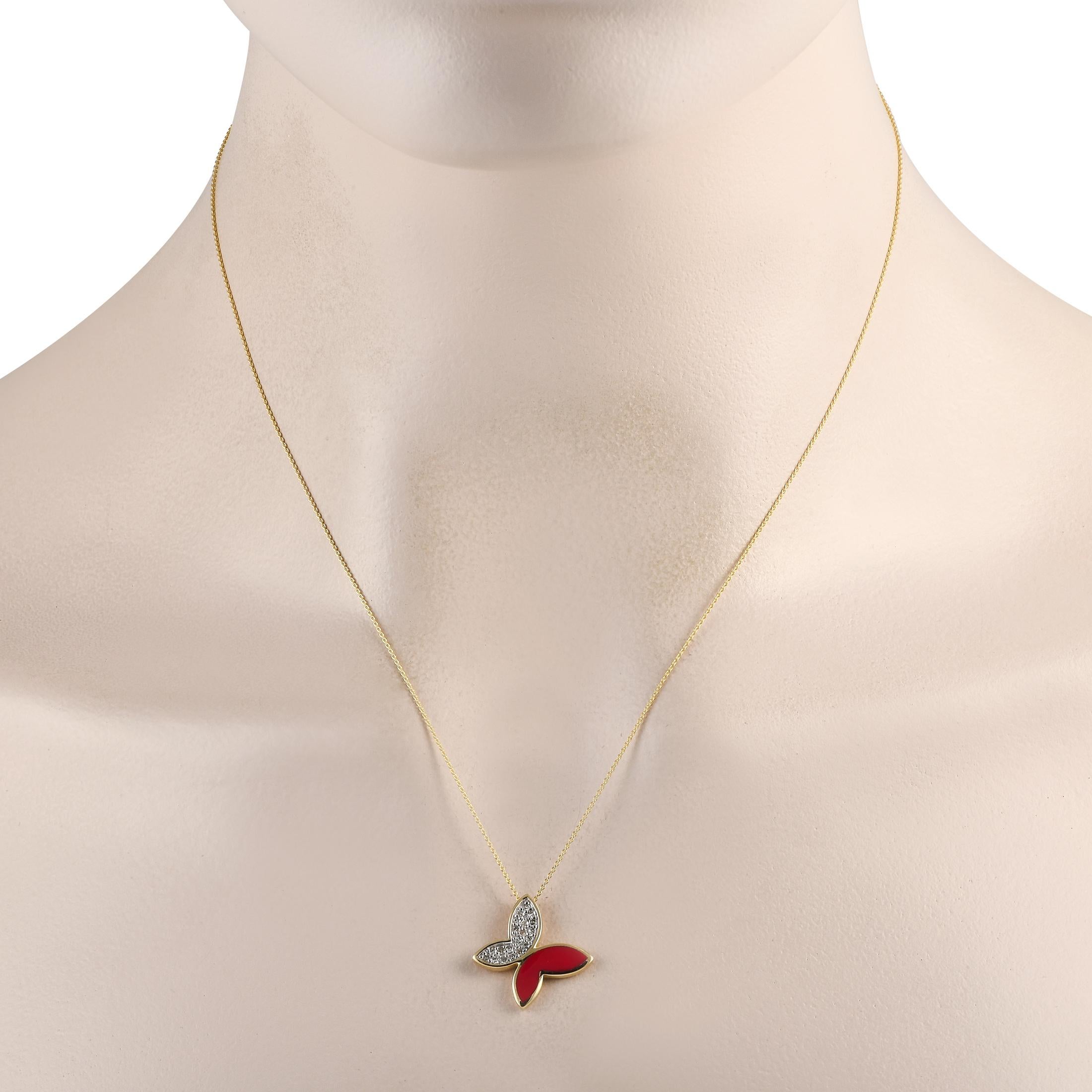 A red inlaid accent contrasts beautifully against inset Diamonds totaling 0.15 carats on this charming necklace. Crafted from 14K Yellow Gold, the butterfly shaped pendant measures 0.75 round and is suspended from an 18 chain.This jewelry piece is