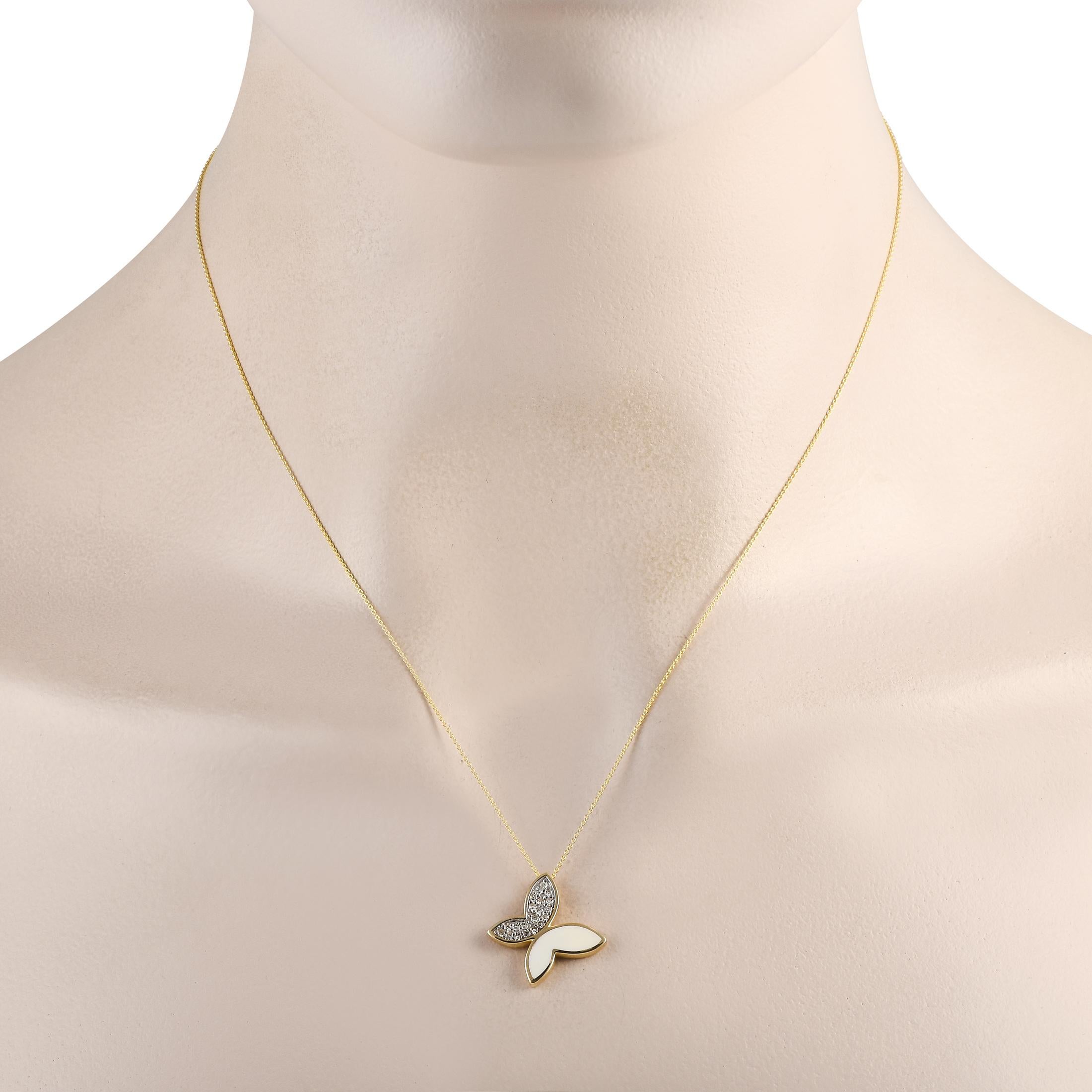 This necklace is undeniably charming. Suspended from an 18 chain, an opulent butterfly pendant measuring 0.75 round makes a stunning statement. Its elevated by Diamonds with a total weight of 0.15 carats.This jewelry piece is offered in brand new