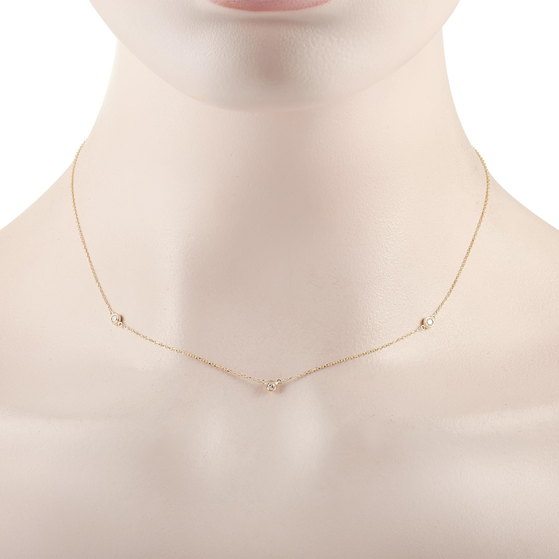 This LB Exclusive necklace is crafted from 14K yellow gold and weighs 1.3 grams, measuring 16” in length. The necklace is set with diamonds that total 0.15 carats.
 
 Offered in brand new condition, this jewelry piece includes a gift box.