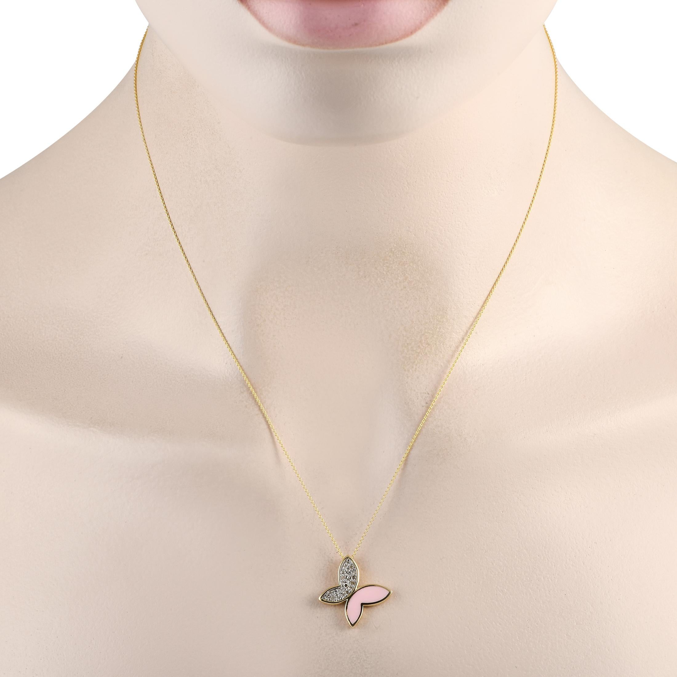 On this exquisite necklace, a charming butterfly pendant comes to life thanks to Diamonds totaling 0.15 carats and a pink inlaid accent. The pendant measures 14K Yellow Gold and measures 0.75 round.This jewelry piece is offered in brand new