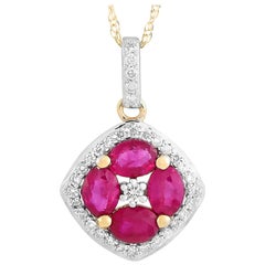 LB Exclusive 14 Karat Gold 0.16 Carat Diamond and Ruby Flower Pendant Necklace