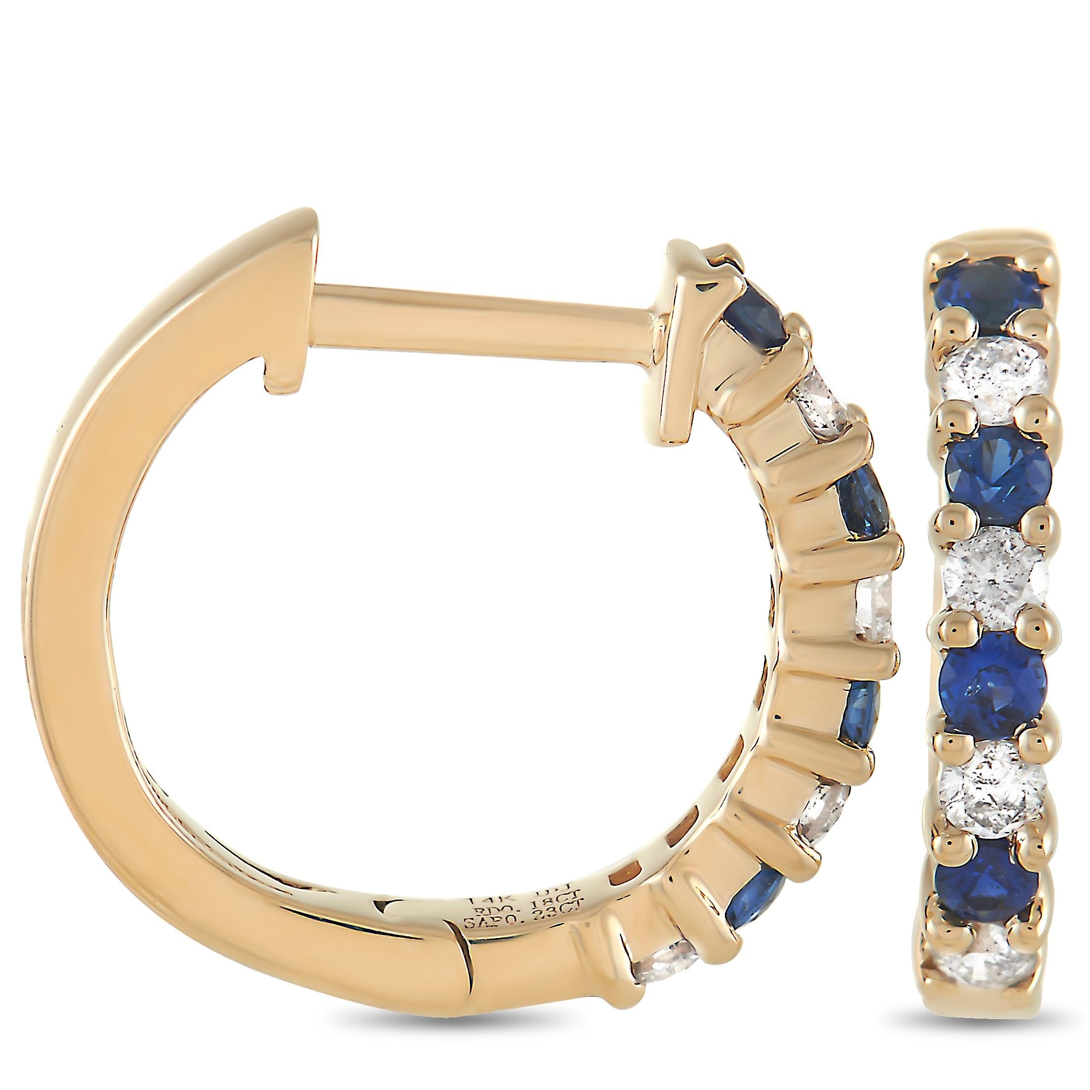 Take any jewelry collection to the next level with the help of these elegant hoop earrings. Made from 14K Yellow Gold, each one measures .5” round and includes a series of alternating gemstones. Together, they feature diamonds totaling 0.17 carats