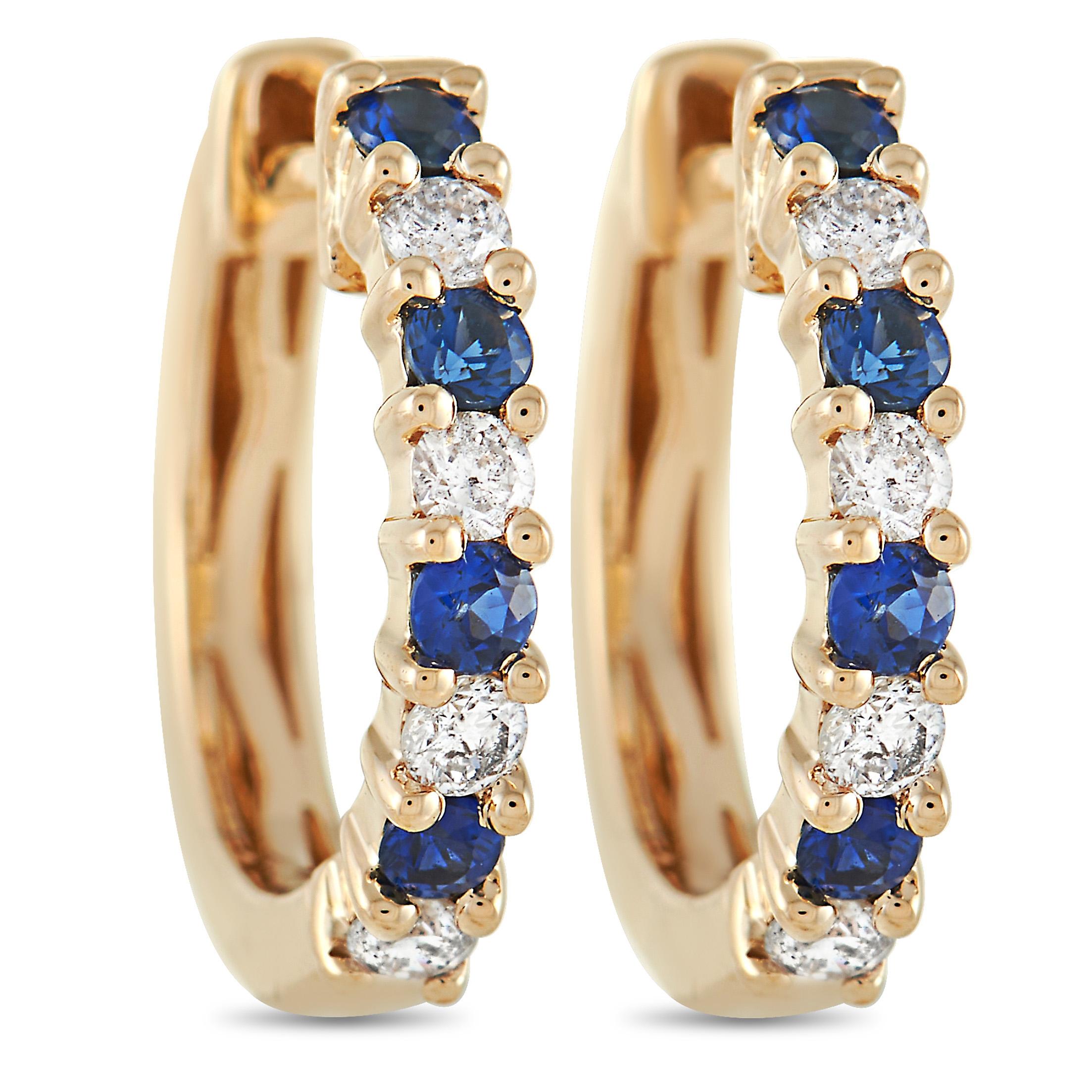LB Exclusive 14K Yellow Gold 0.17 Ct Diamond and Sapphire Hoop Earrings In New Condition In Southampton, PA