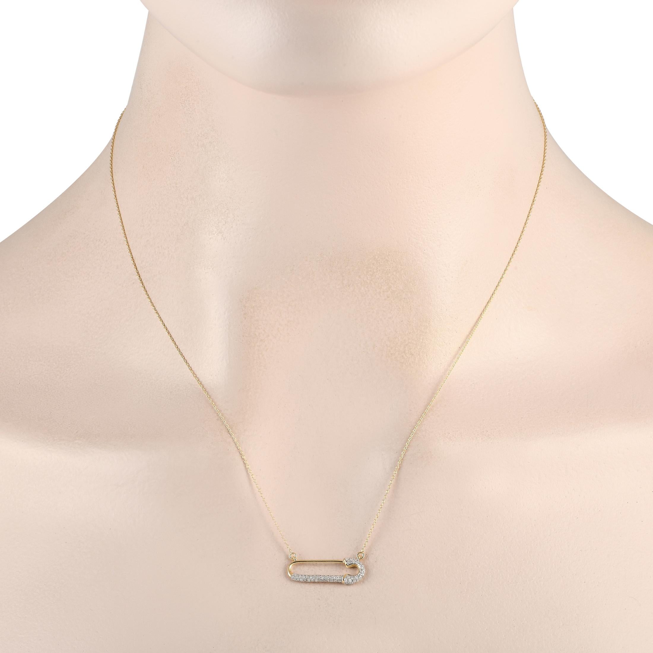 A sleek safety pin shaped pendant makes a statement at the center of an 18 chain on this exquisite necklace. Crafted from 14K Yellow Gold, this dynamic design comes to life thanks to sparkling inset Diamonds totaling 0.17 carats. The pendant