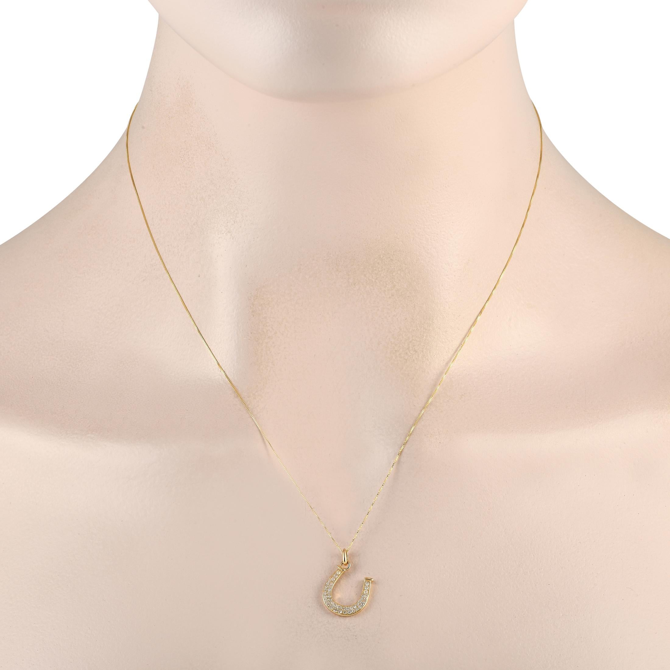 This luxury necklace is poised to continually bring you good luck. Suspended from an 18 chain, youll find a horseshoe shaped pendant measuring 0.75 long by 0.50 wide. This elegant accessory is crafted from 14K Yellow Gold and features inset Diamonds