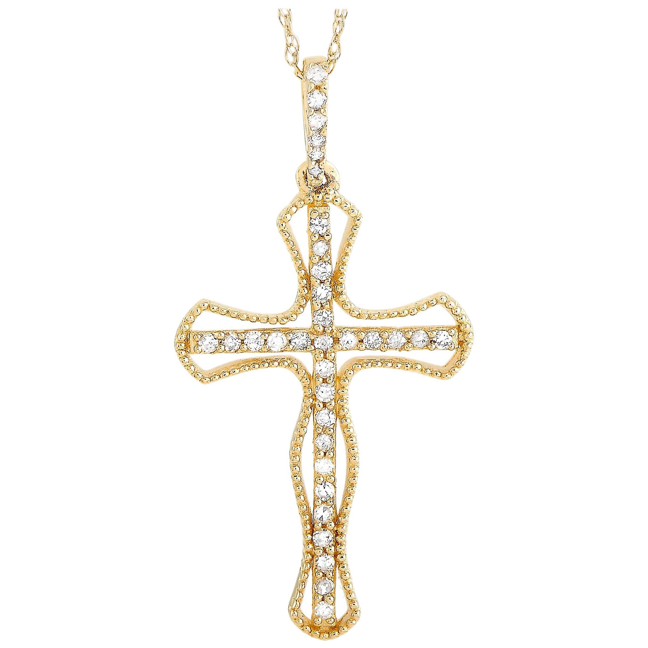 LB Exclusive 14 Karat Yellow Gold 0.20 Carat Diamond Cross Pendant Necklace