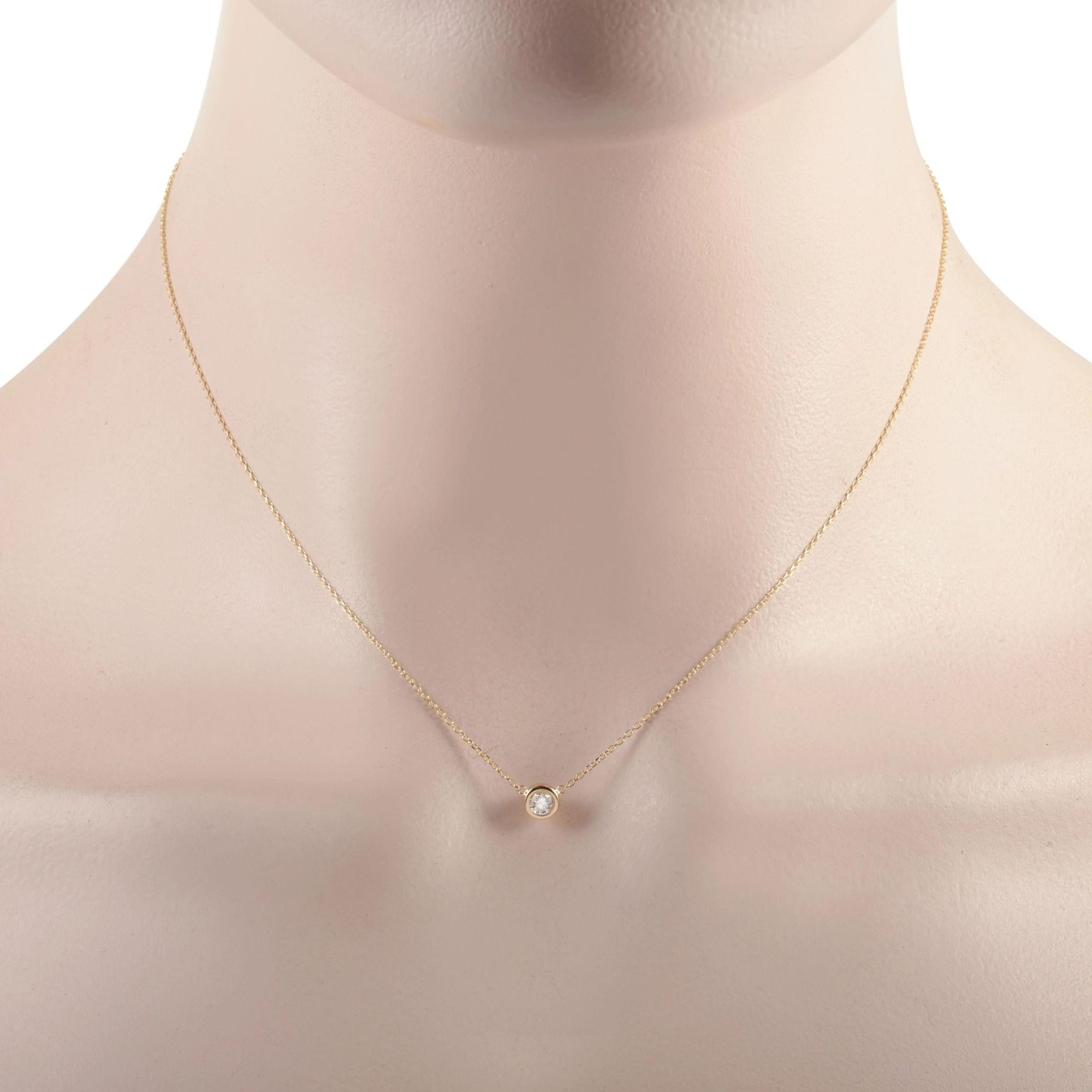 This LB Exclusive necklace is made of 14K yellow gold and embellished with a 0.20 ct diamond stone. The necklace weighs 1.4 grams and boasts a 15” chain and a pendant that measures 0.15” in length and 0.15” in width.
 
 Offered in brand new