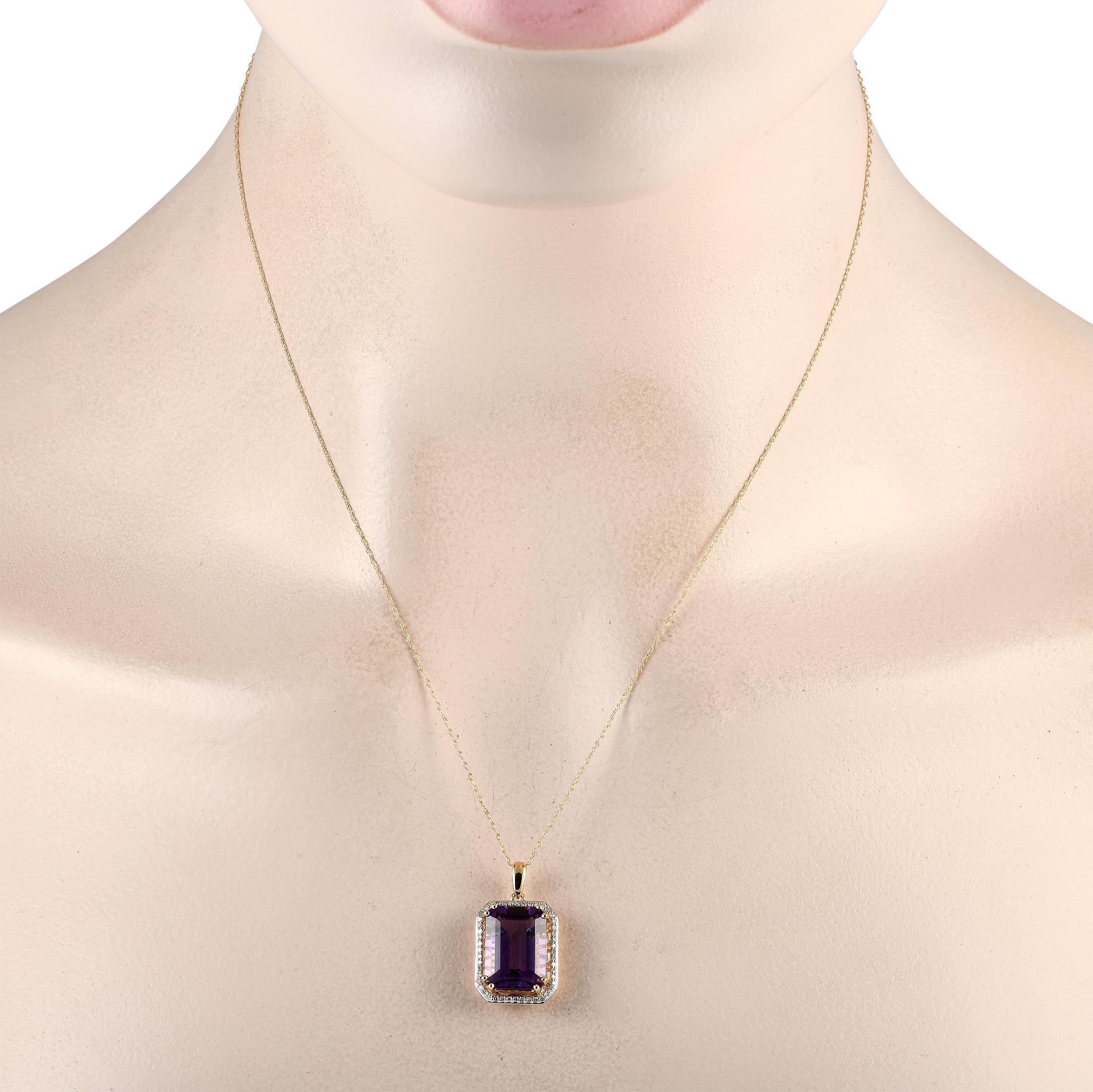 A bold Amethyst gemstone serves as a stunning focal point on this elegant necklace. Crafted from 14K yellow gold, this pieces pendant measures 1.0 long by 0.50 wide and is suspended from a delicate 18 chain. Sparkling diamonds with a total weight of