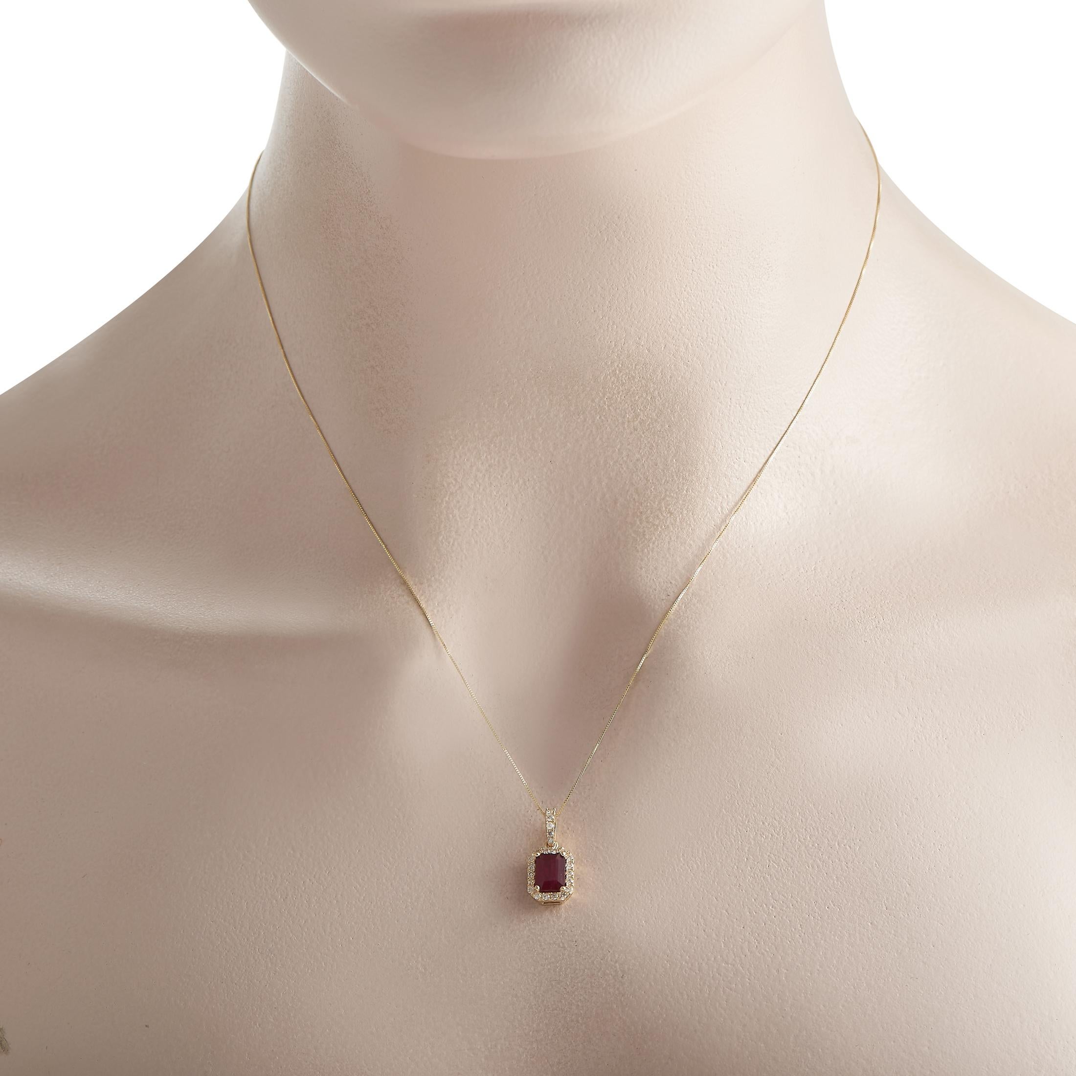 This necklace makes it easier to add a vintage flair to your looks. Crafted in 14K yellow gold, this LB Exclusive necklace has a 1.28 carat step-cut ruby pendant surrounded by 0.20 carats of round diamonds. It is held by a diamond-traced bail on an