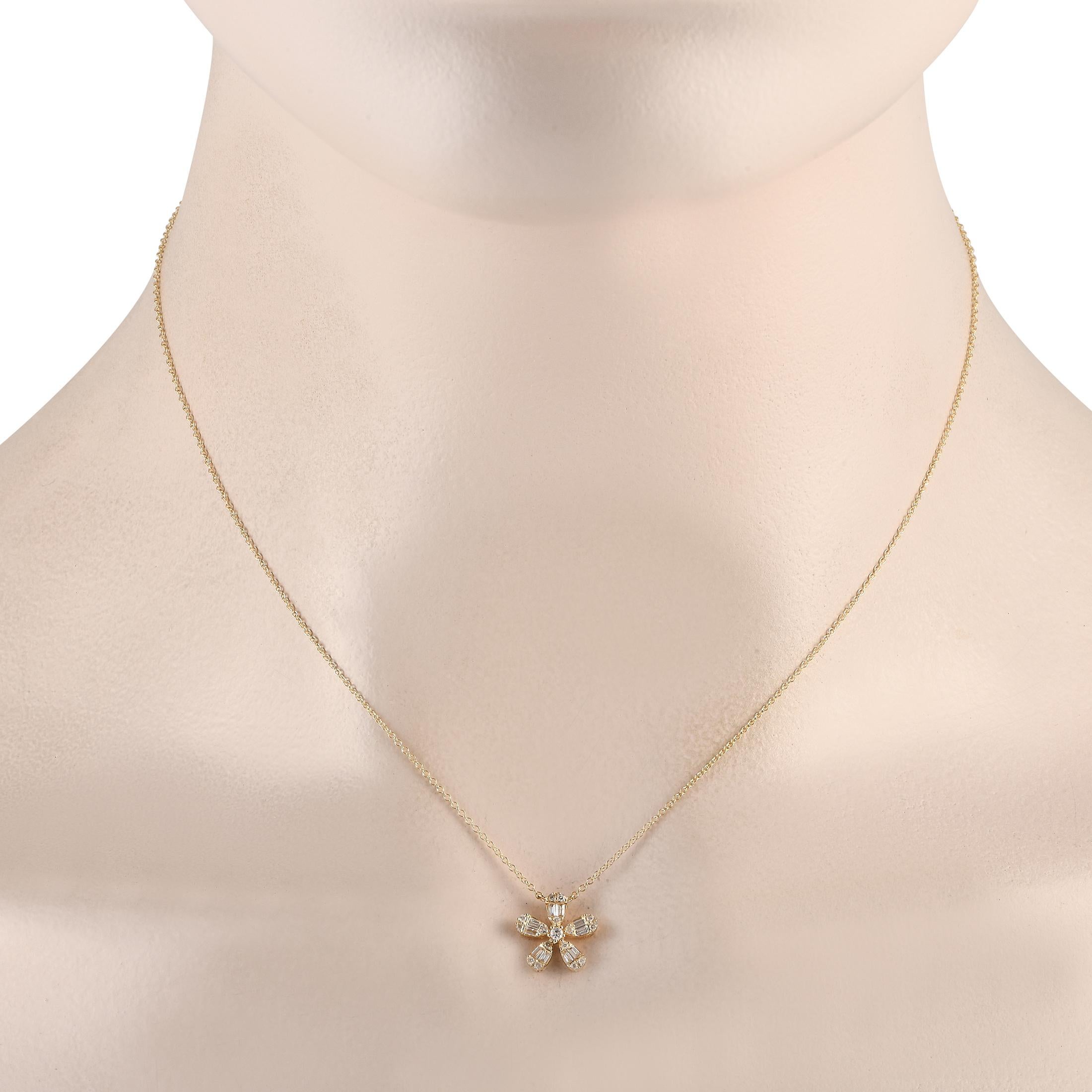 Diamonds with a total weight of 0.23 carats add a touch of sparkle to this necklaces charming floral-shaped pendant. Suspended at the center of a 16 chain, the pendant measures 0.45 round and is crafted from lustrous 14K yellow gold.This jewelry
