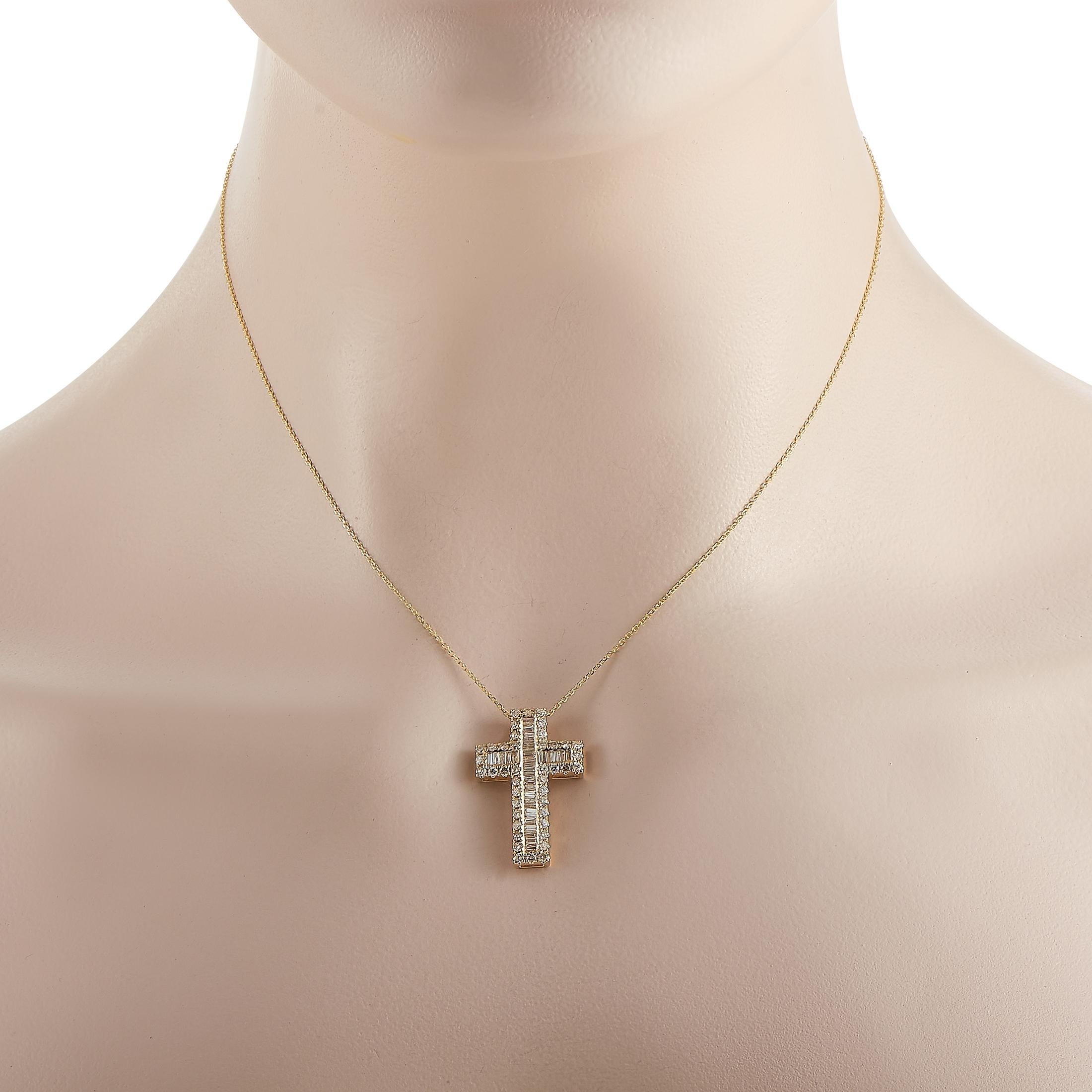 This classic LB Exclusive cross necklace is made with a delicate 14K yellow gold chain and features a matching 14k yellow gold cross pendant. The pendant is set with 0.24 carats of baguette and round-cut diamonds over the face of the cross. The