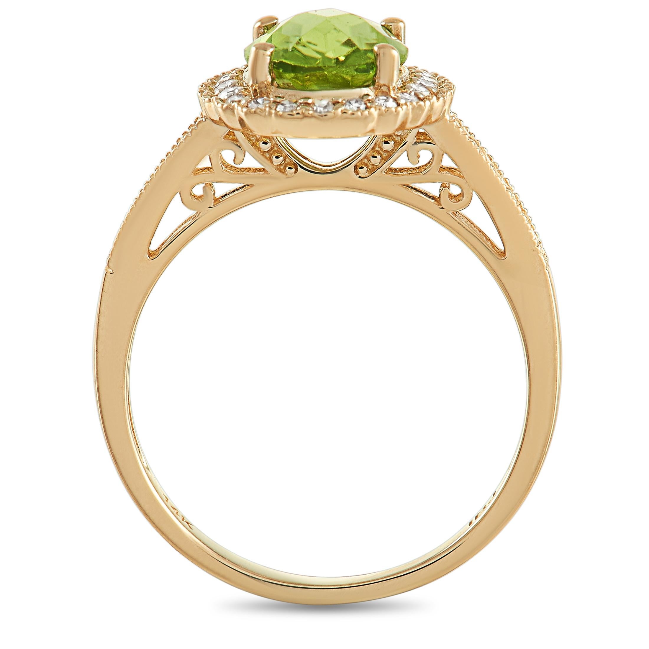 Exuding strength and balance is this LB Exclusive 14K Yellow Gold 0.25 ct Diamond and Peridot Cocktail Ring. Perched atop a yellow gold scallop frame that's lined with diamonds is an eye-catching faceted peridot gemstone with a subtly shimmering