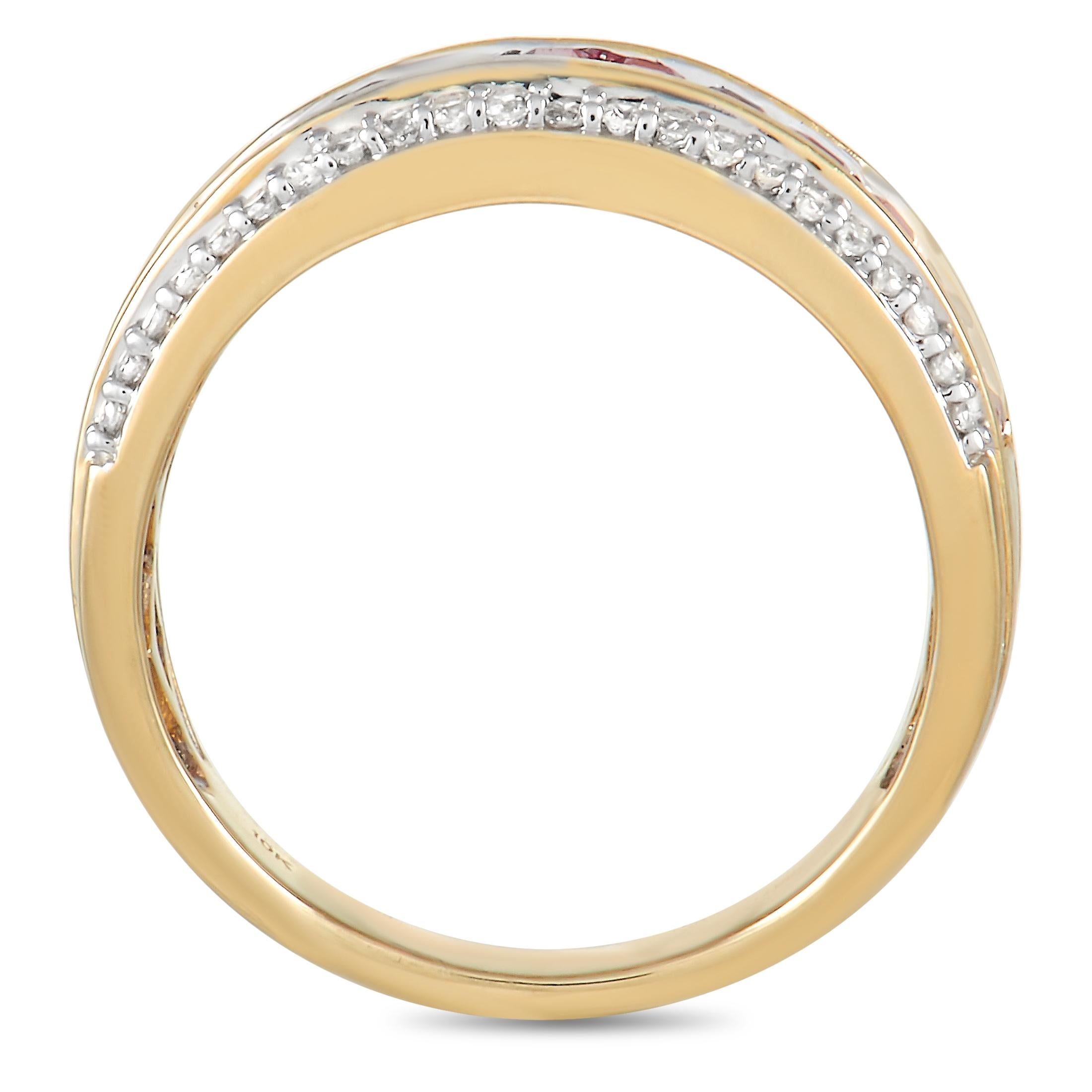 Make a statement with this dramatic half-eternity ring. Fashioned from 10k yellow gold is a 5mm band with a top height measuring 3mm. The channel of rectangular step cut rubies sitting at the center of the band is accompanied by two rows of white