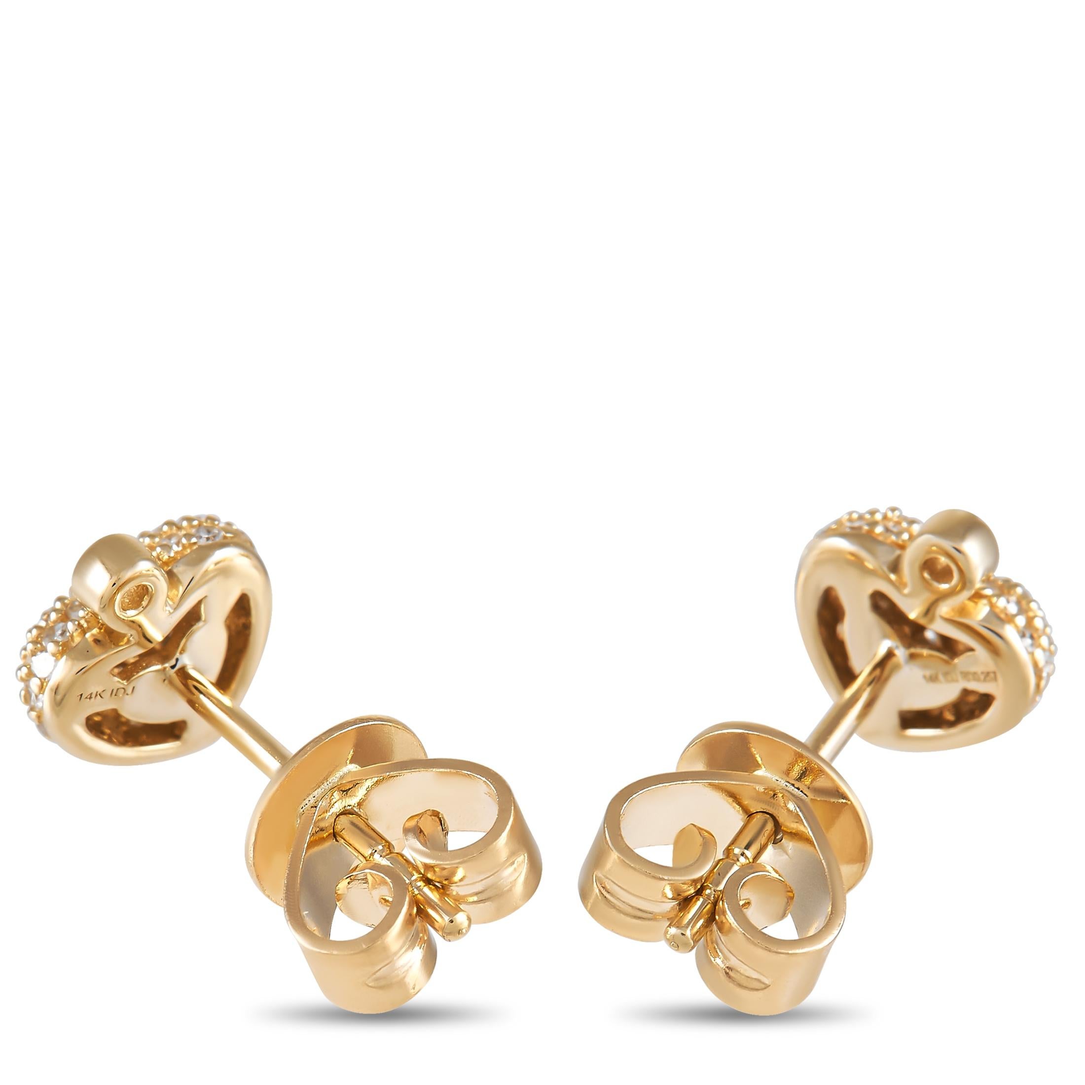 These sweet LB Exclusive earrings are sure to brighten up your day! The earrings are made from 14K yellow gold, shaped into a heart, and set with round-cut diamonds over the face of each earring, for a total of 0.25 carats of diamonds over the pair.