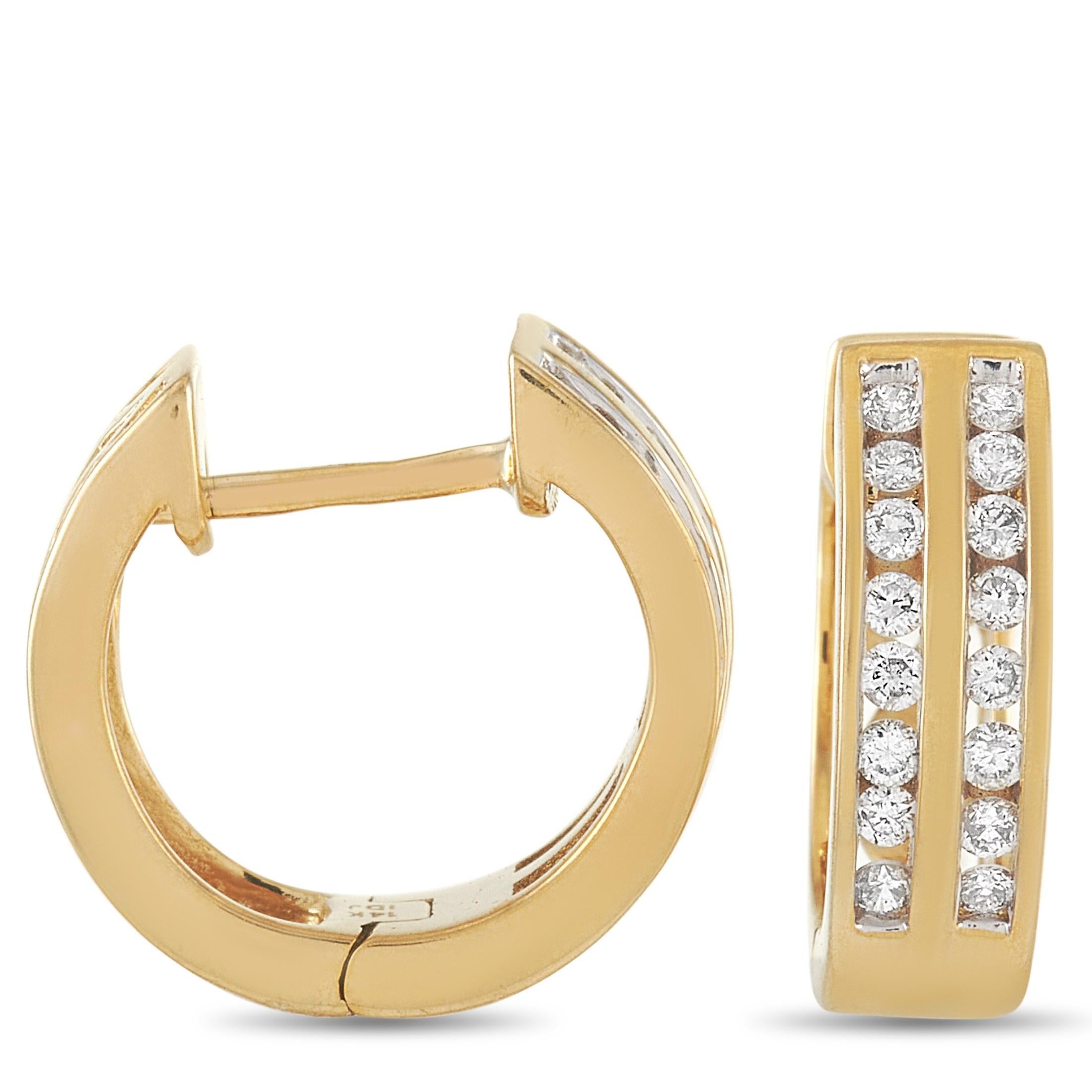 These elegant hoop earrings have an eye-catching, breathtaking sense of style. Each hoop measures 0.5 inches and pairs a double row of diamonds with a lovely lattice design at the back. Made from 14K Yellow Gold and featuring a total weight of 0.25