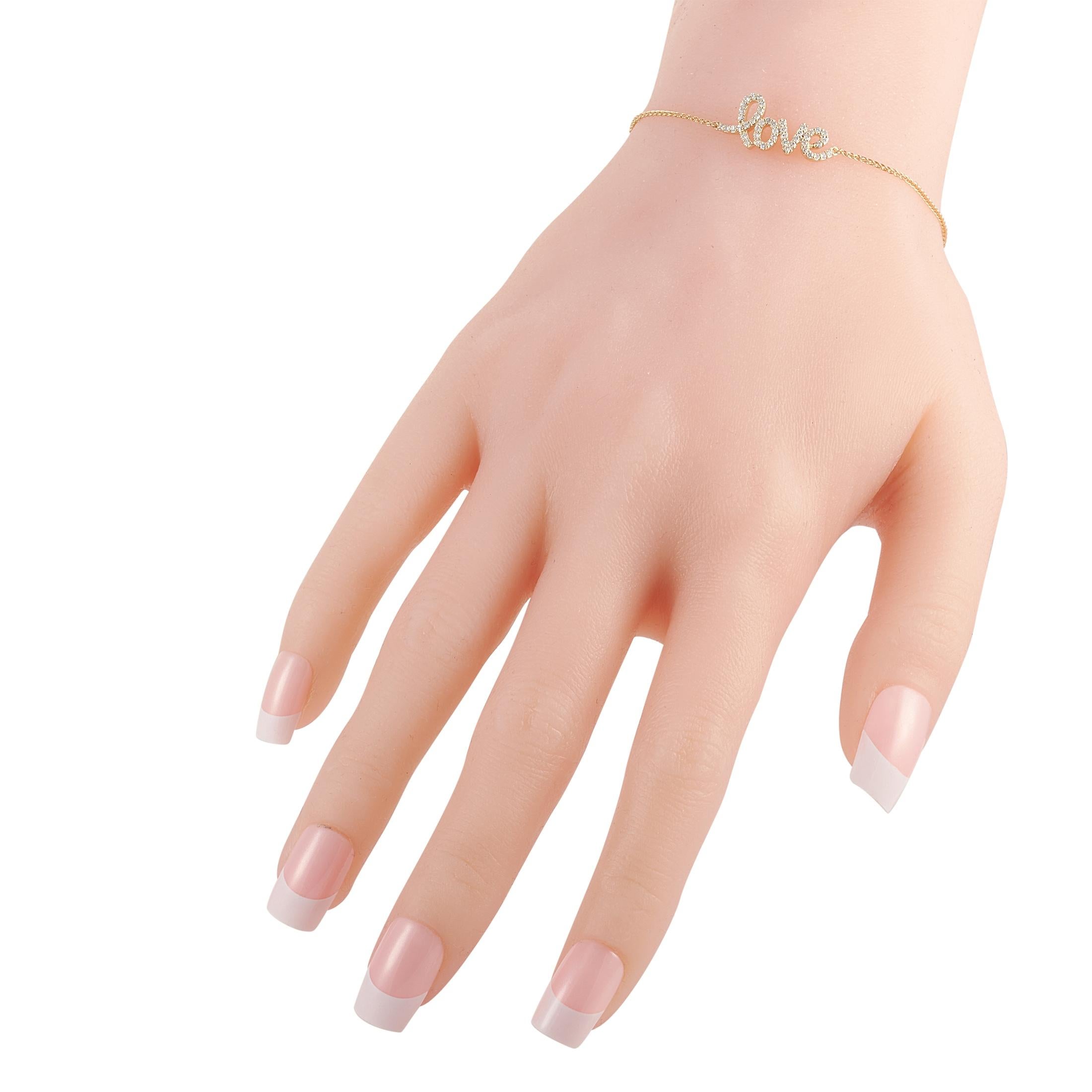 This LB Exclusive love bracelet is made of 14K yellow gold and embellished with diamonds that amount to 0.25 carats. The bracelet weighs 4.4 grams and measures 6.50” in length, which is adjustable.
 
 Offered in brand new condition, this jewelry