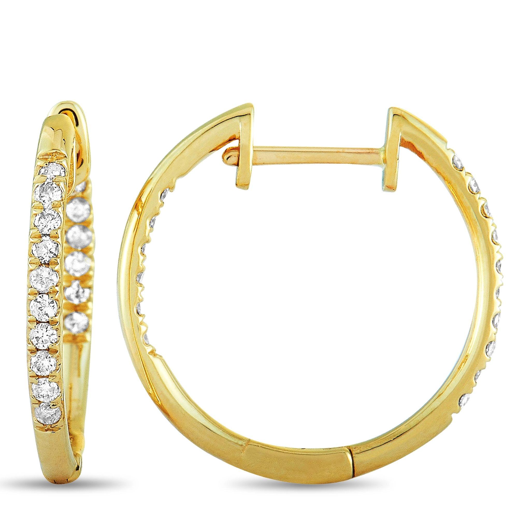 These LB Exclusive hoop earrings are made out of 14K yellow gold and diamonds that total 0.25 carats. The earrings measure 0.70” in length and 0.65” in width, and each of the two weighs 1.05 grams.
 
 The pair is offered in brand new condition and