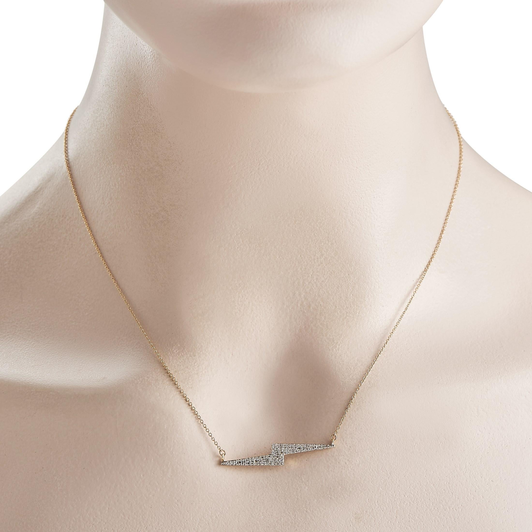 Just the spark your style needs. Turn to this trendy lightning bolt necklace to freshen up a basic outfit. It is crafted in 14K yellow gold and has a 16 chain holding a 0.25 x 1.25 diamond-studded lightning bolt pendant.This brand new LB Exclusive