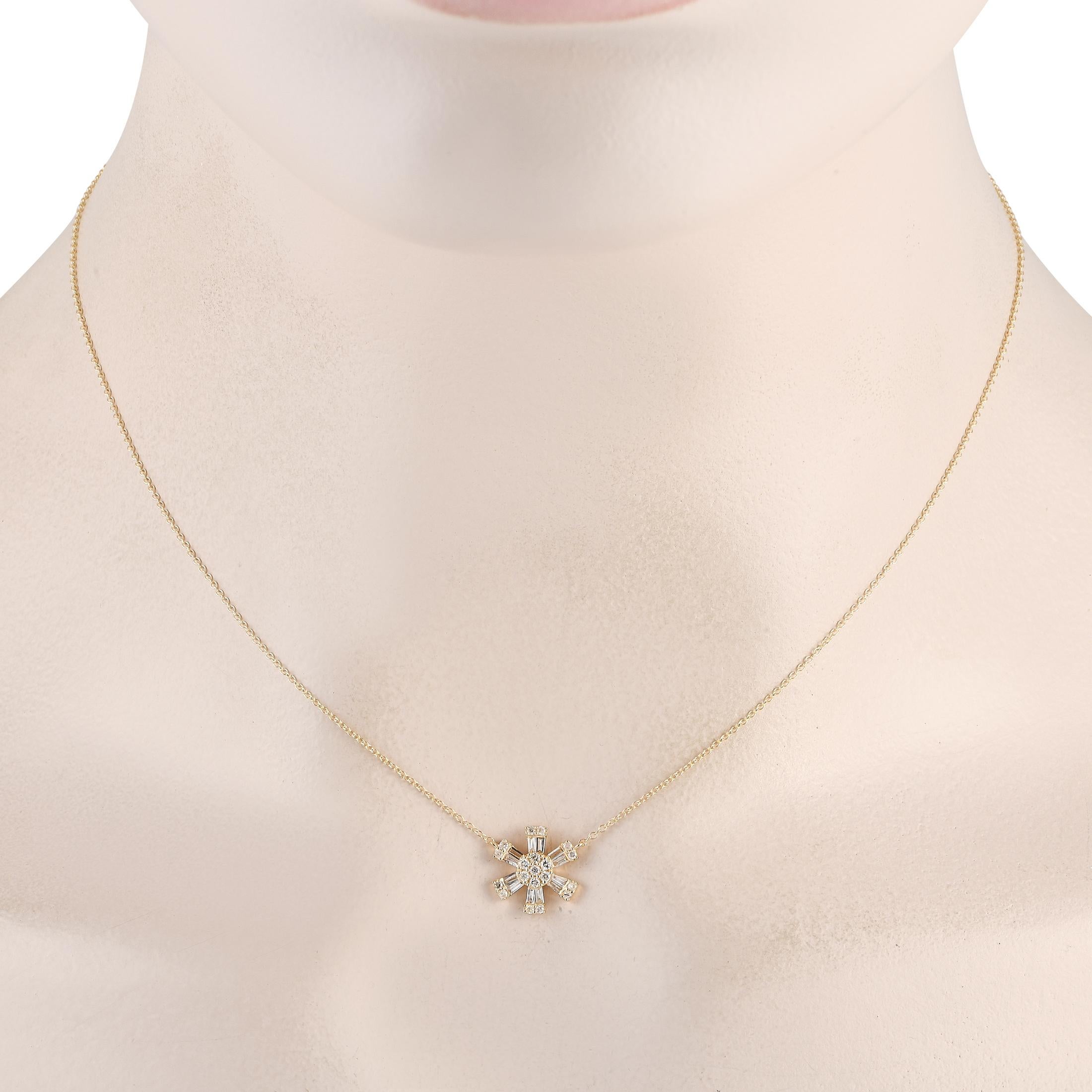 A subtle and sweet sparkler to bring casual elegance to your daily wear. This LB Exclusive necklace in 14K yellow gold features a thin, barely-there chain measuring 15.5 inches long. It comes with a lobster clasp and holds a pinwheel-style pendant