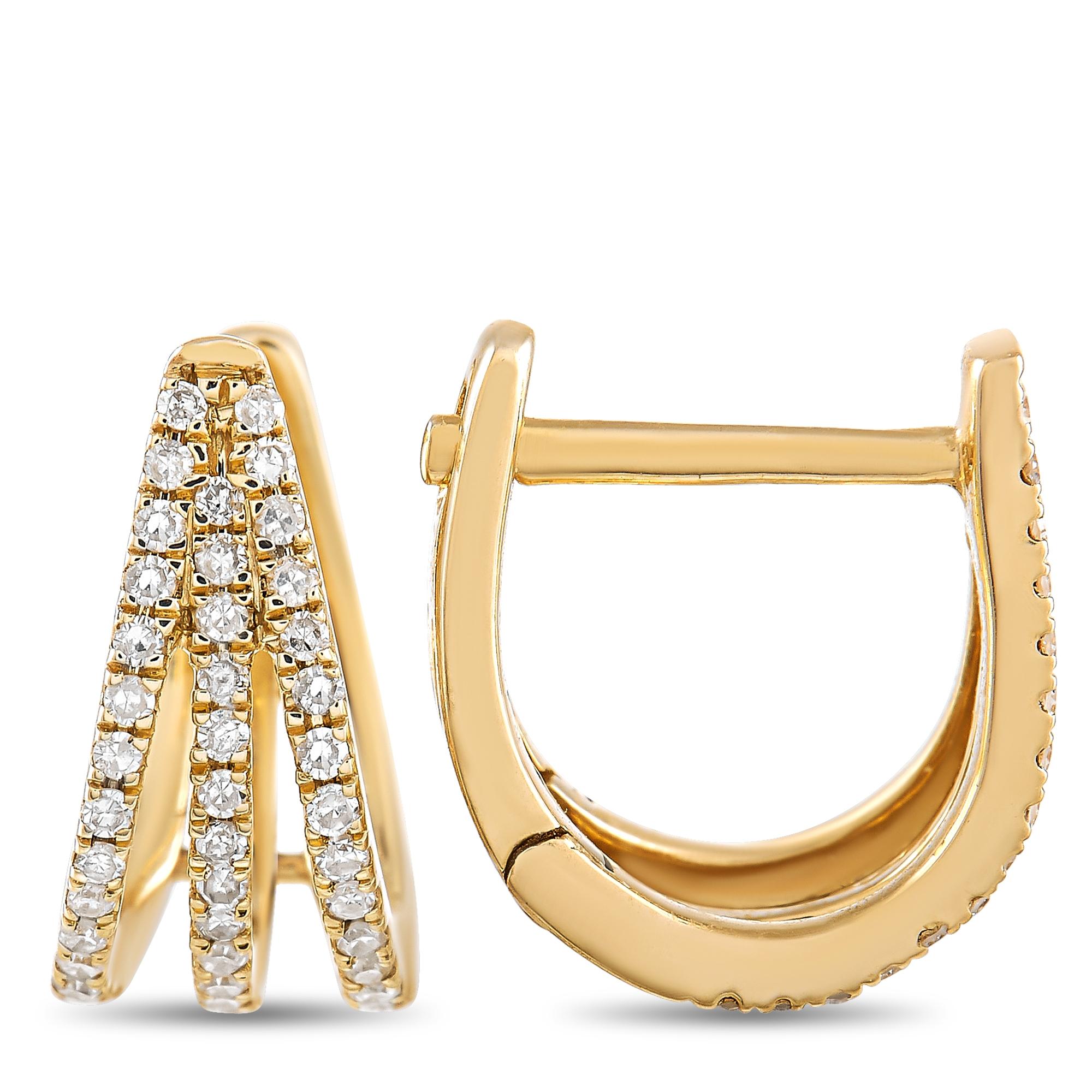 A chic, minimalist design makes these earrings the perfect addition to any jewelry collection. Diamonds totaling 0.26 carats beautifully contrast against the 14K Yellow Gold setting, which measures 0.5” round. 
 
 This jewelry piece is offered in