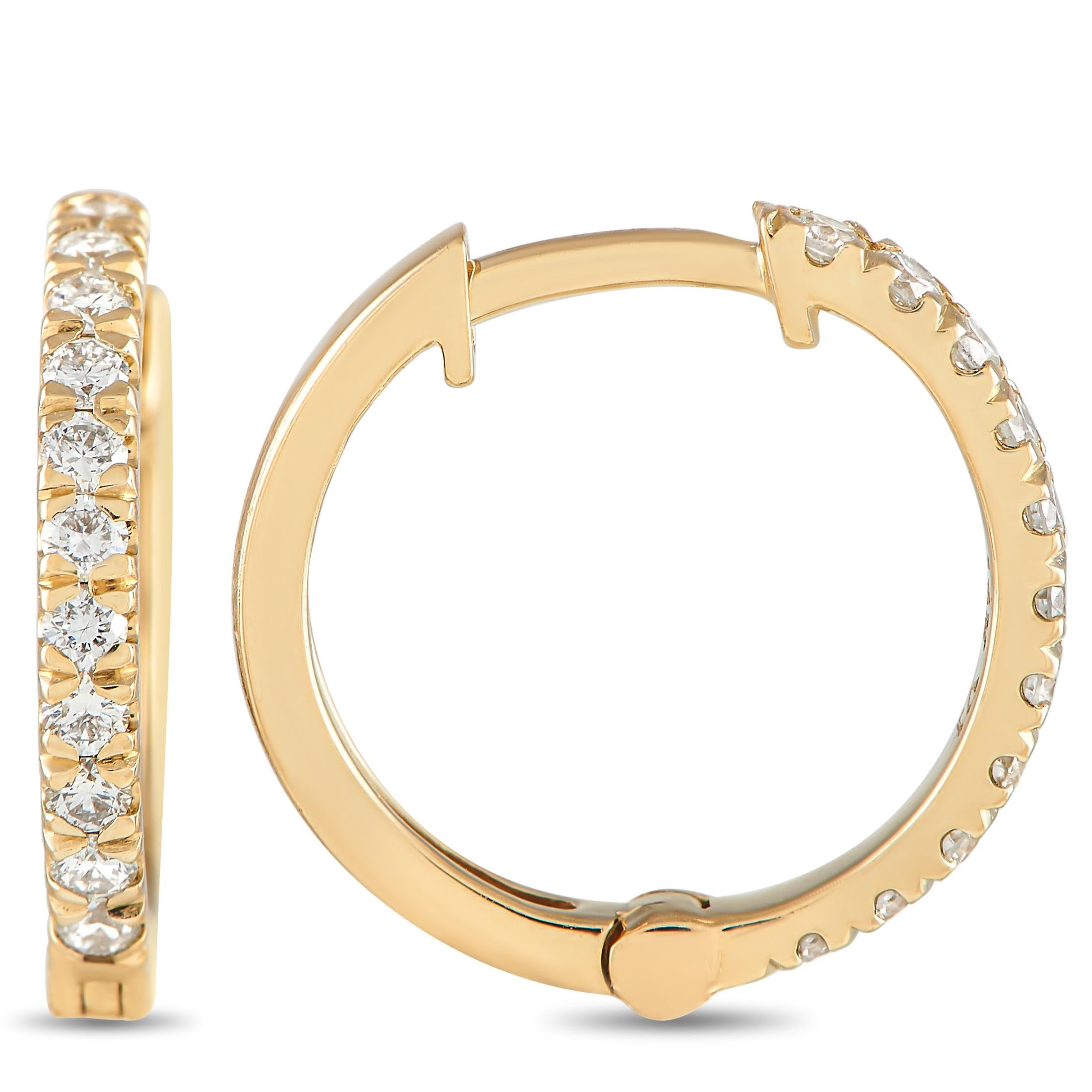 Diamonds with a total weight of 0.28 carats allow these classic hoop earrings to effortlessly reflect light. An opulent 14K Yellow Gold setting measuring 0.50” round makes these elegant luxury earrings ideal for absolutely any occasion. This jewelry