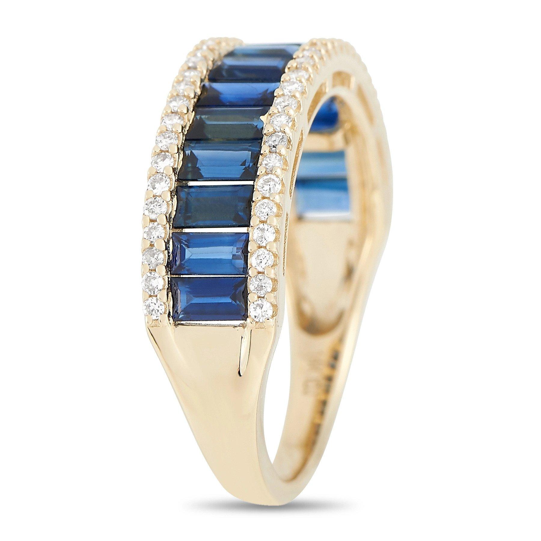 This lovely, luxurious design will add a touch of color and sparkle to absolutely any outfit. At the center of the simple 14K Yellow Gold setting - which measures 2mm wide and features a top height of 3mm - you’ll find a series of captivating