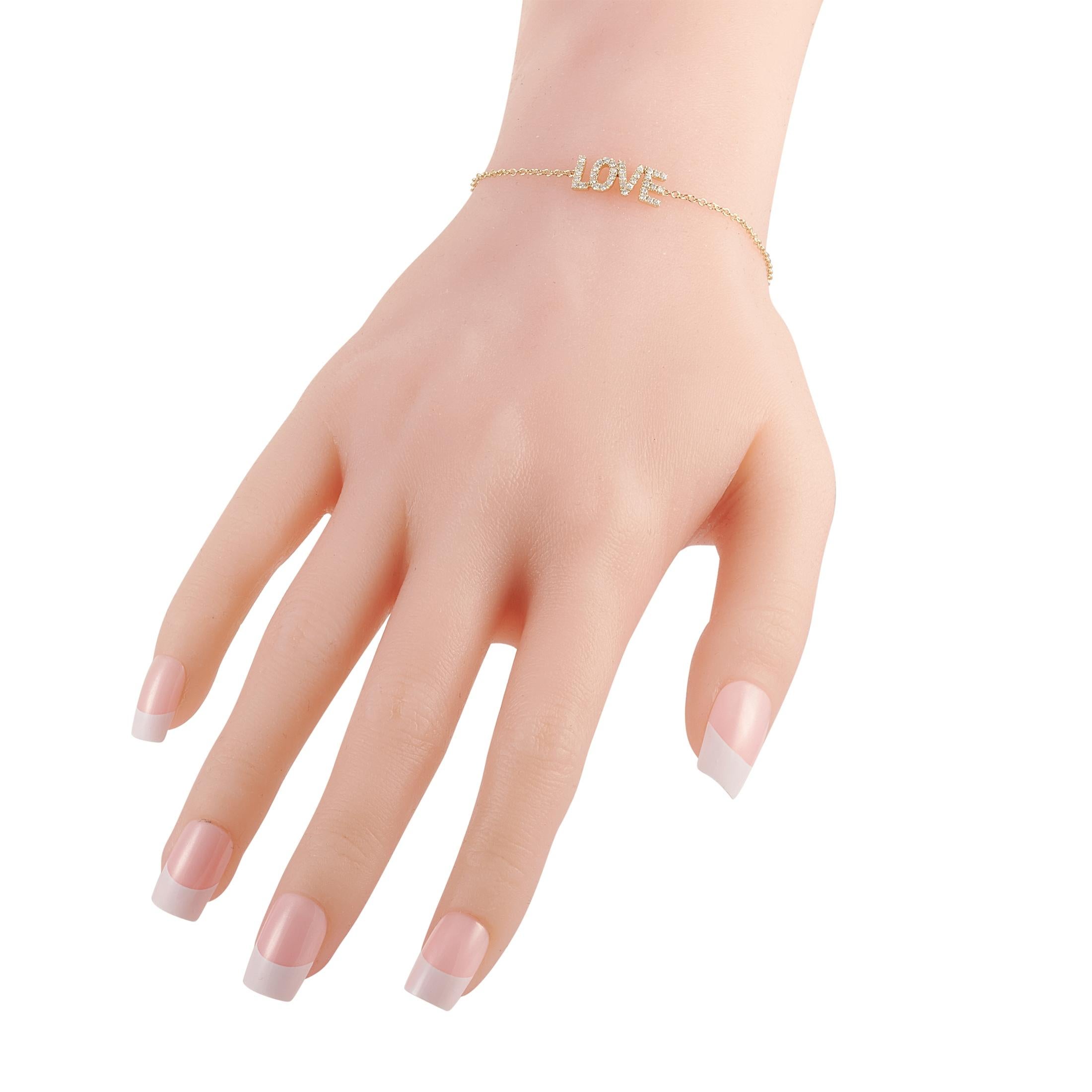 This LB Exclusive love bracelet is made of 14K yellow gold and embellished with diamonds that amount to 0.30 carats. The bracelet weighs 2 grams and measures 6.50” in length.
 
 Offered in brand new condition, this jewelry piece includes a gift