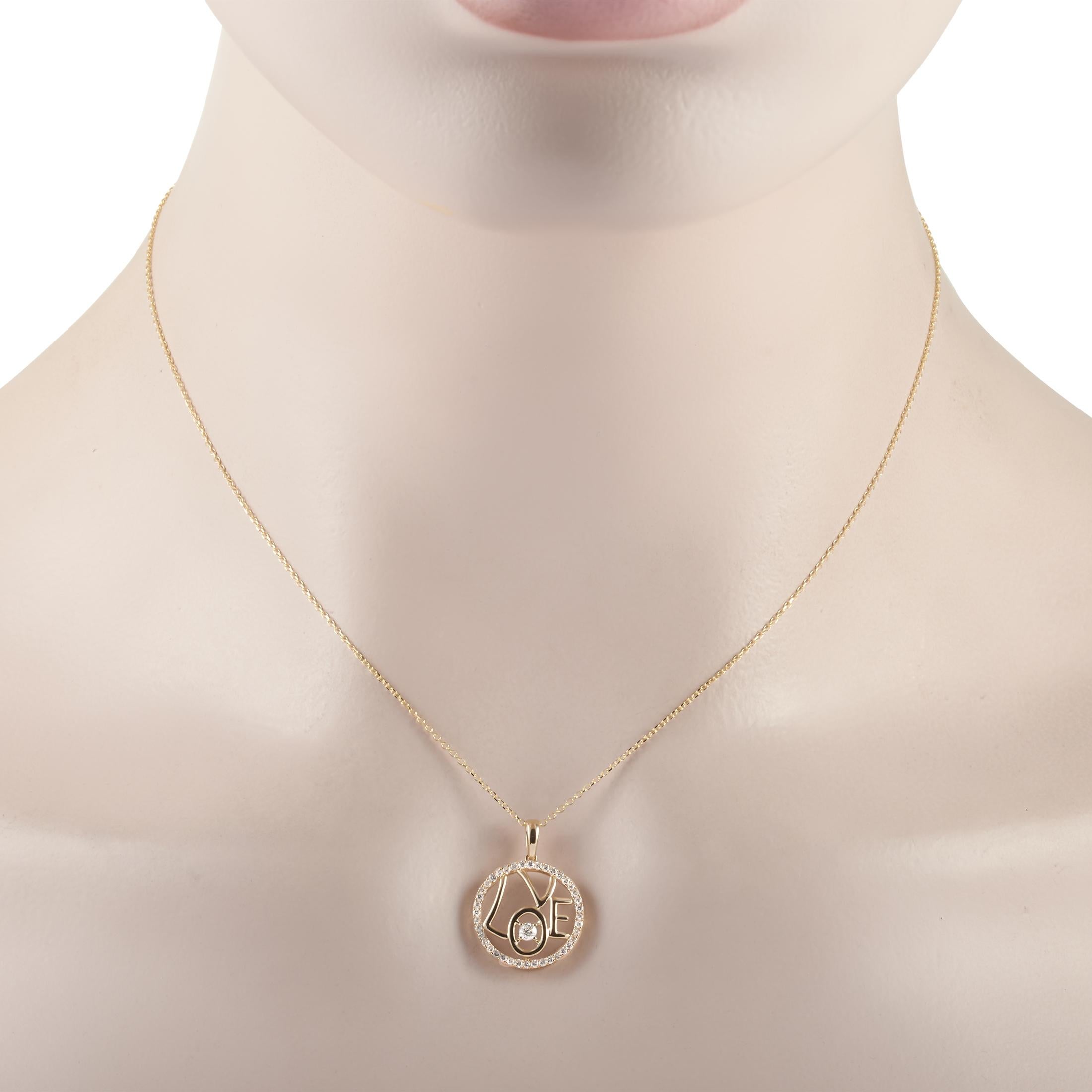 This LB Exclusive necklace is made of 14K yellow gold and embellished with diamonds that amount to 0.30 carats. The necklace weighs 2.2 grams and boasts a 15” chain and a pendant that measures 0.88” in length and 0.63” in width.
 
 Offered in brand