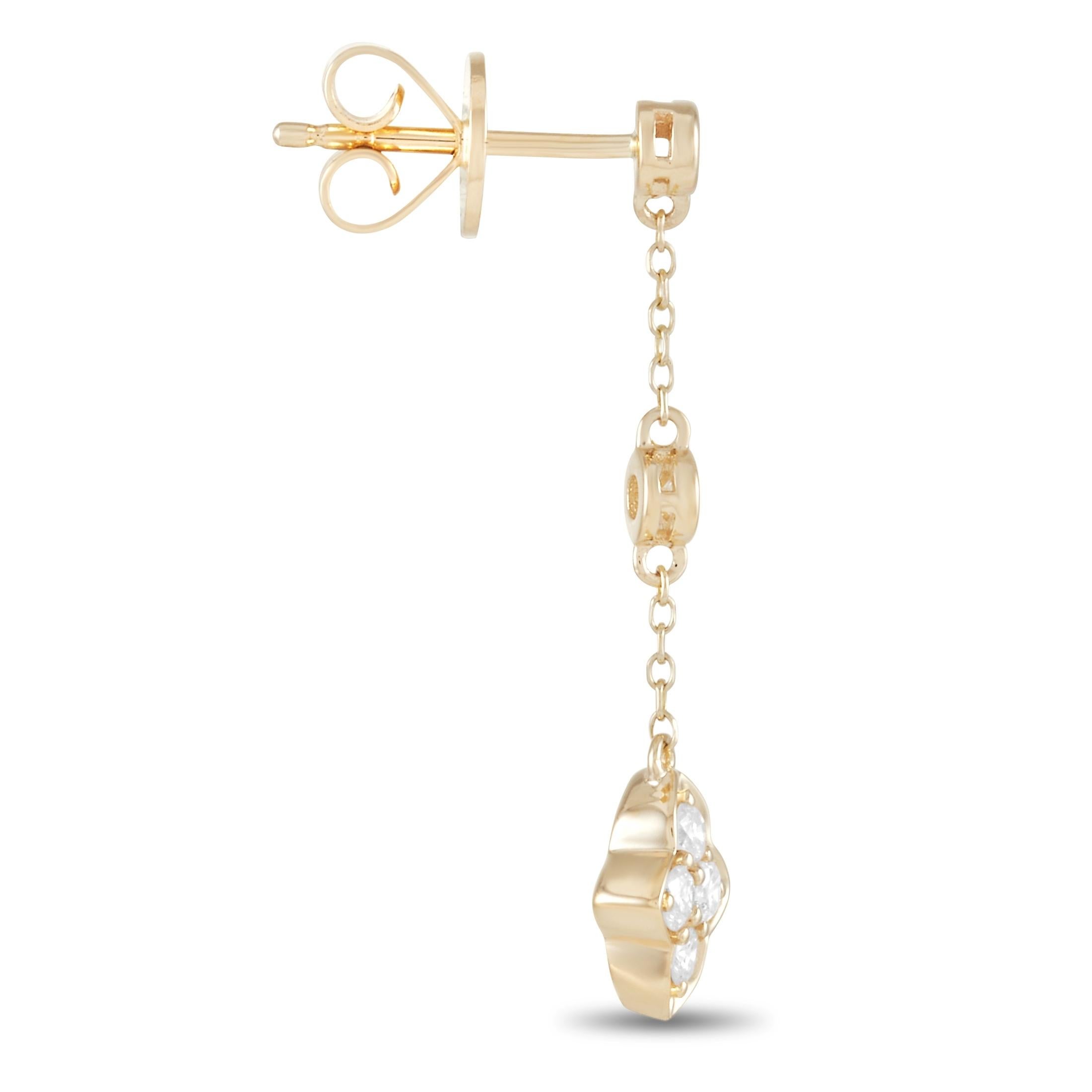A sleek, sophisticated design makes these elegant earrings a must-have for any upscale occasion. Crafted from 14K Yellow Gold, chains and shimmering round cut diamonds totaling 0.33 carats come together in a chic arrangement. They measure .25” wide