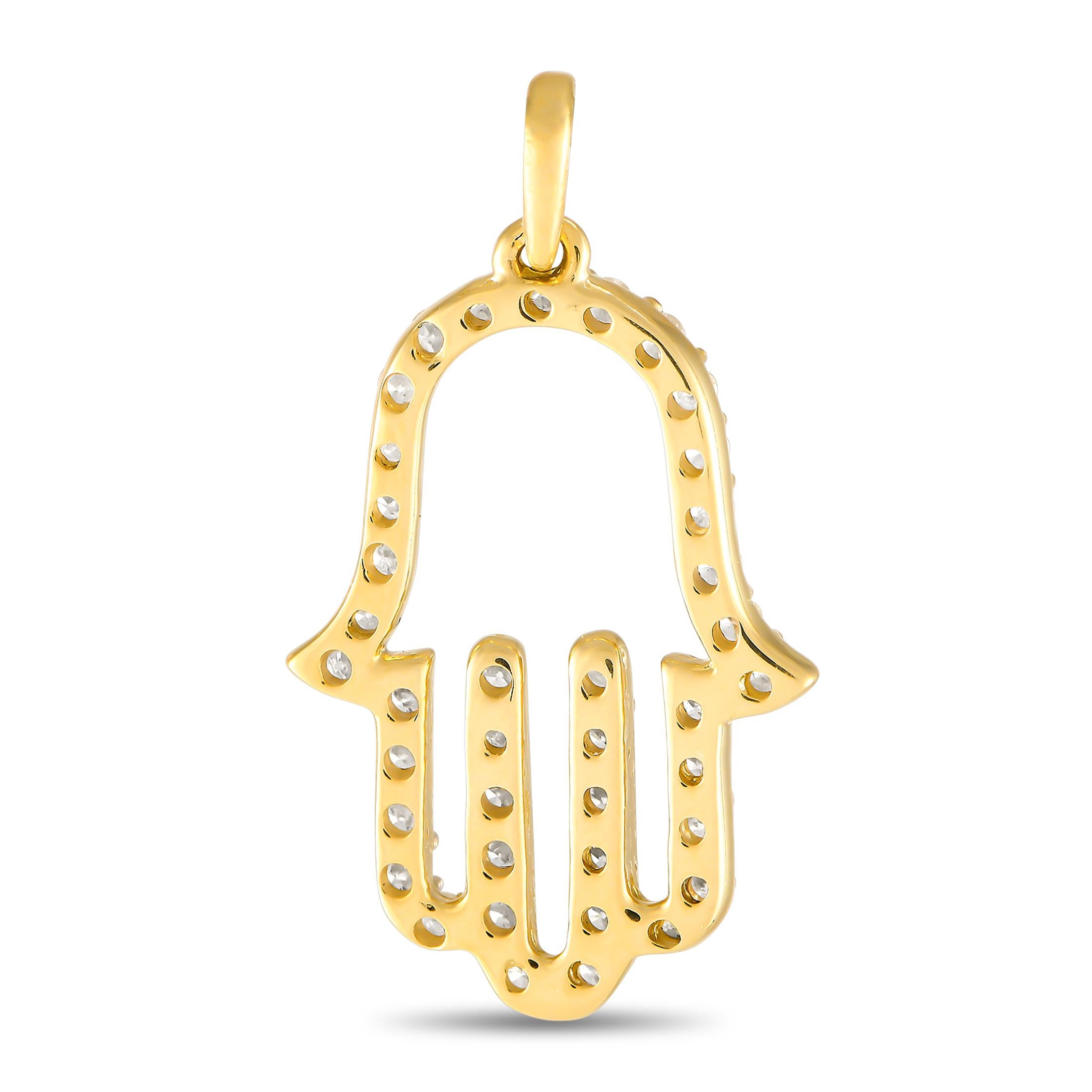 The Hamsa hand, regarded as a bringer of good luck and typically worn as a talisman, makes a meaningful addition to any ensemble. Wear this diamond-encrusted Hamsa hand pendant and be reminded of divine protection and your inner strength. The