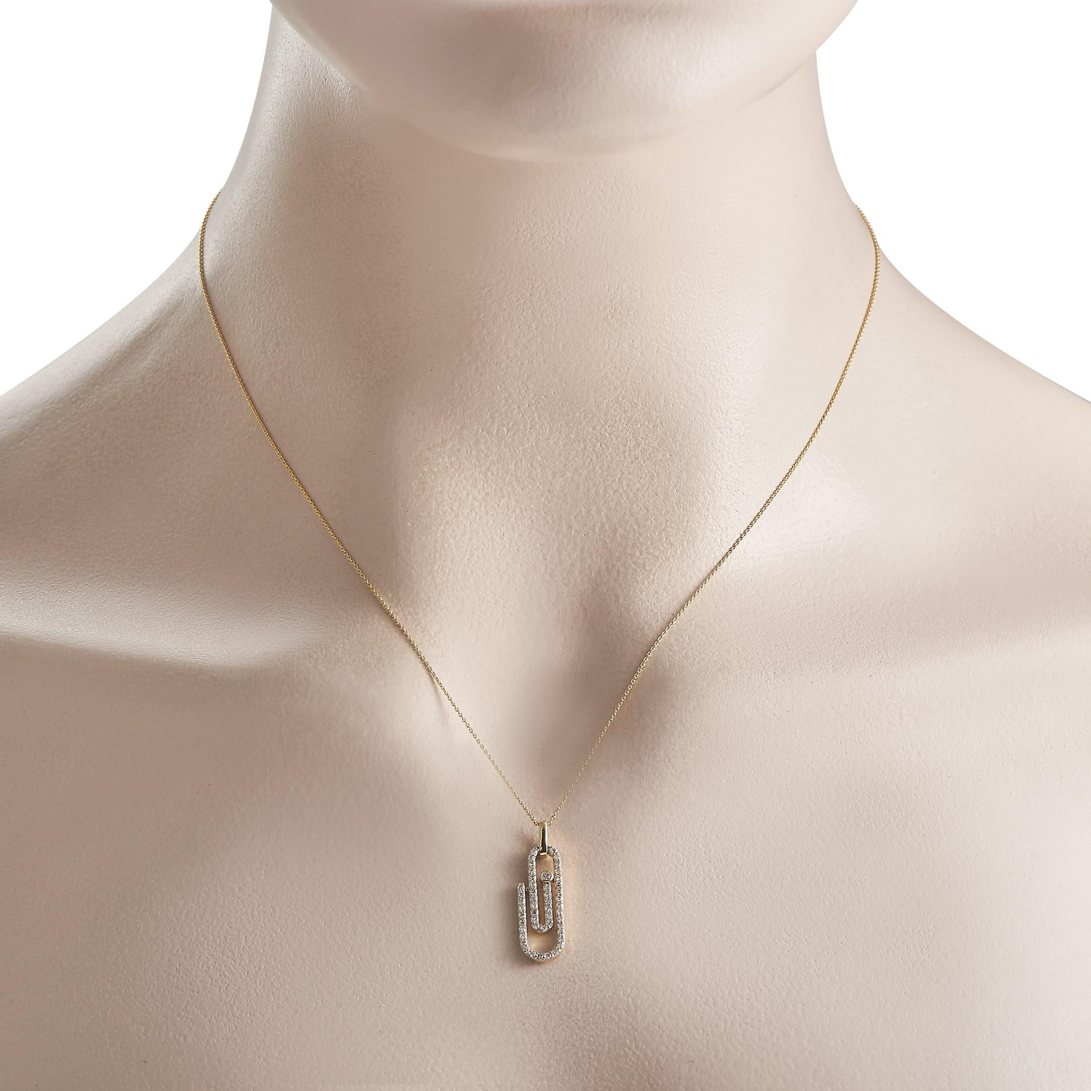 All it takes is modern, cool girl jewelrylike this diamond paperclip necklaceto jazz up your favorite basic ensembles. This yellow gold necklace features an 18 chain and a 0.75 x 0.37 paperclip-shaped pendant. Petite round diamonds trace the