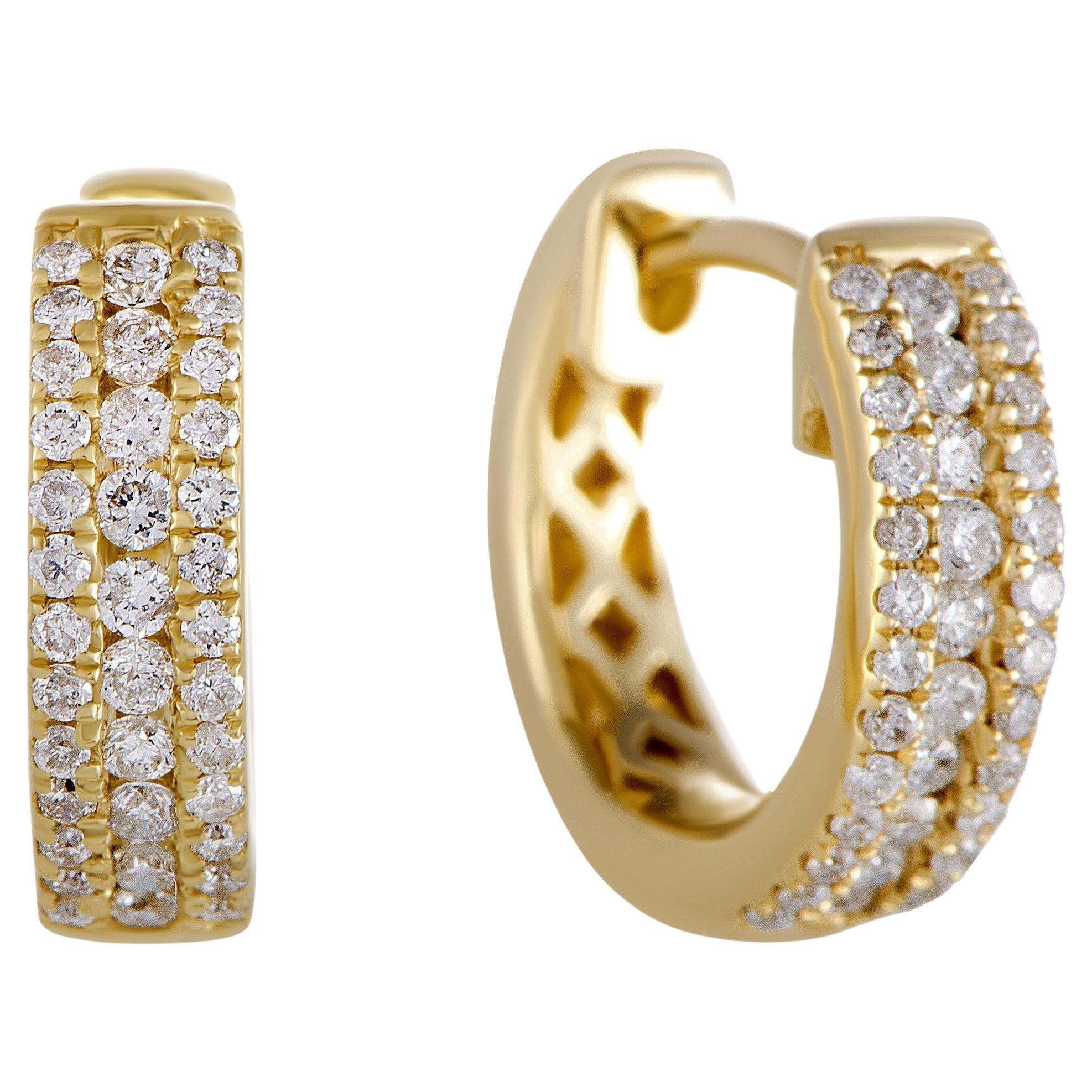 LB Exclusive 14K Yellow Gold 0.35 ct Diamond Small Hoop Huggies Earrings For Sale