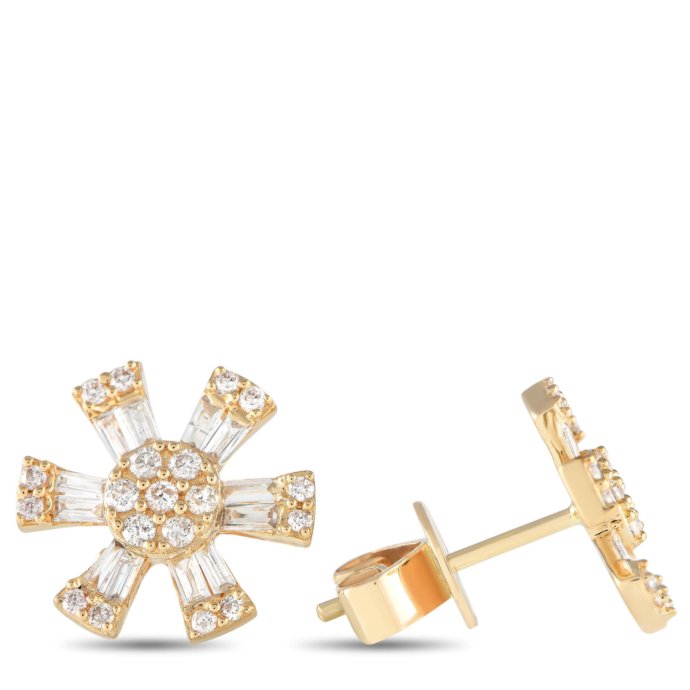 Let these studs polish a basic outfit with charming sparkle. The earrings feature a yellow-gold central disc adorned with a cluster of round diamonds. Surrounding it are step-cut diamond 