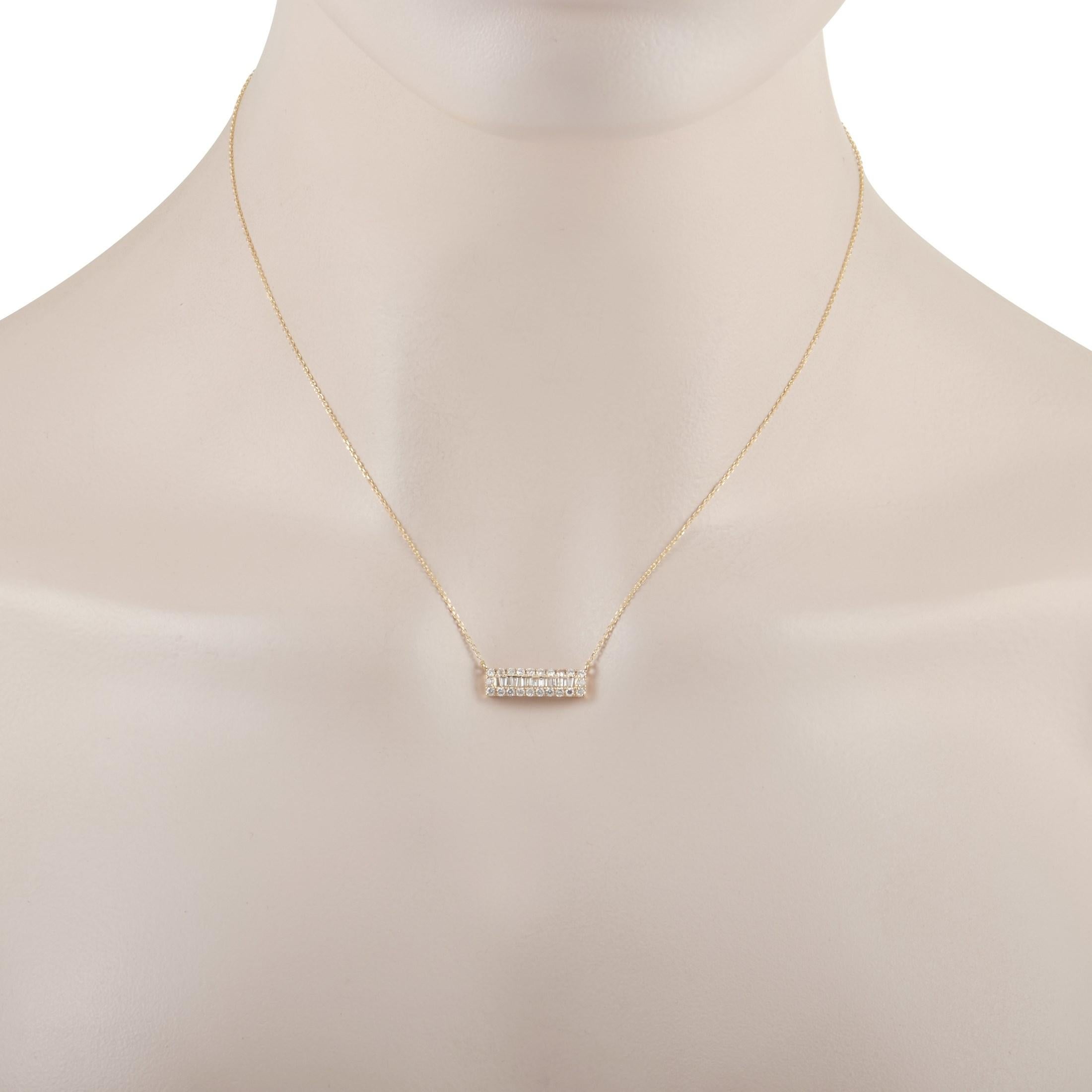 This classy LB Exclusive 14K Yellow Gold 0.50 ct Diamond Bar Pendant Necklace is made with a 14K yellow gold chain and features a yellow gold bar pendant set with a halo of round-diamonds around a row of diamond center stones for a total of 0.50