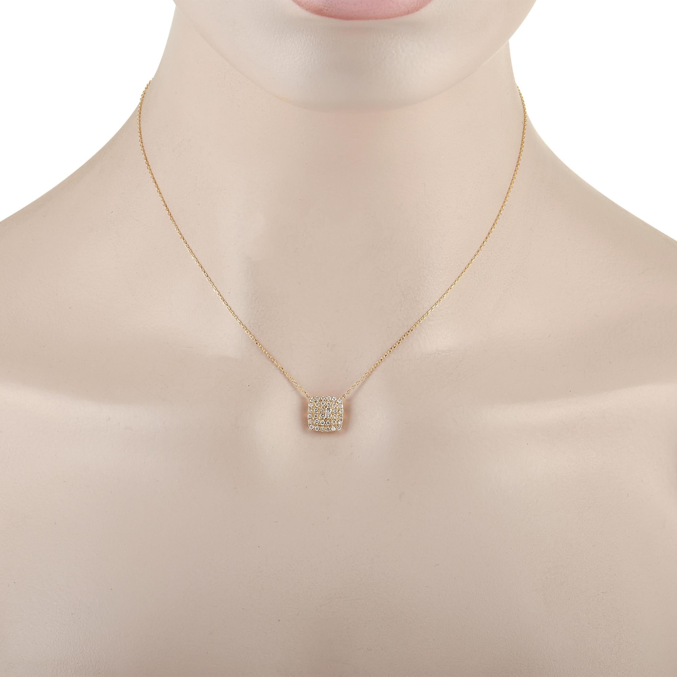 This opulent pendant necklace is poised to elevate any ensemble it’s paired with. A square pendant encrusted with glittering diamonds totaling 0.50 carats makes this piece truly come alive. Radiant gemstones also contrast beautifully against the 14K